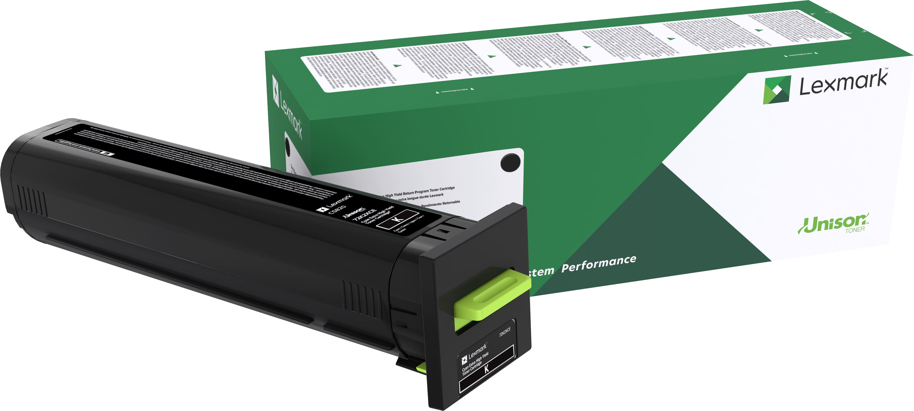Schwarze Lexmark Tonerkartusche und Box, grün-weißes Branding, weißer Hintergrund.