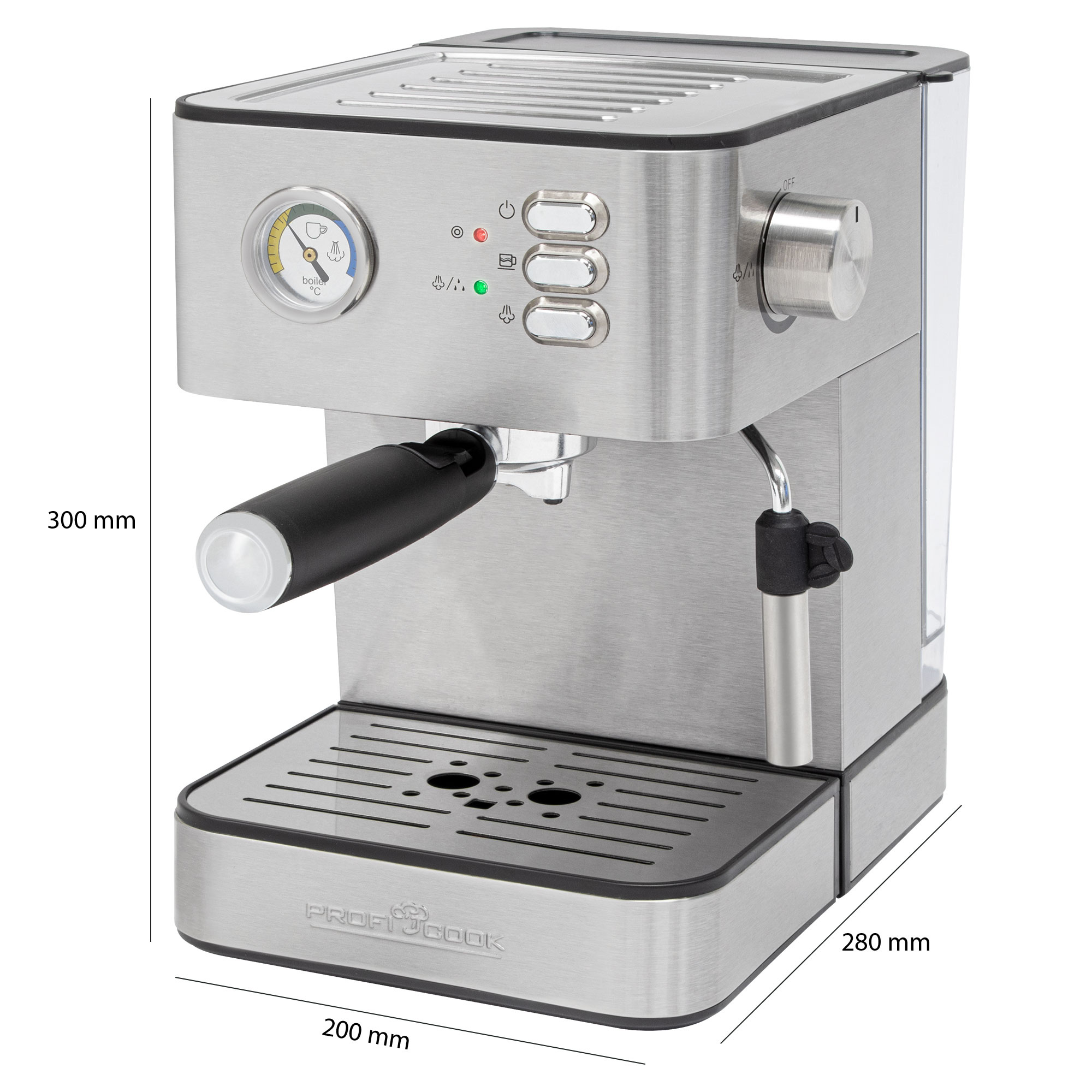 Espressomaschine aus Edelstahl mit Maßen. Seitenansicht mit Abmessungen.