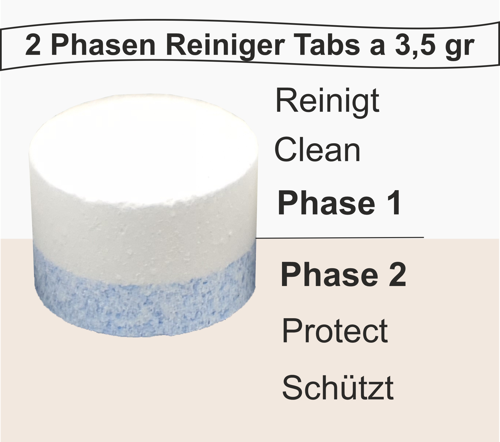 Eine weiße und blaue Reinigungstablette mit Text, der Phase 1 und Phase 2 anzeigt.