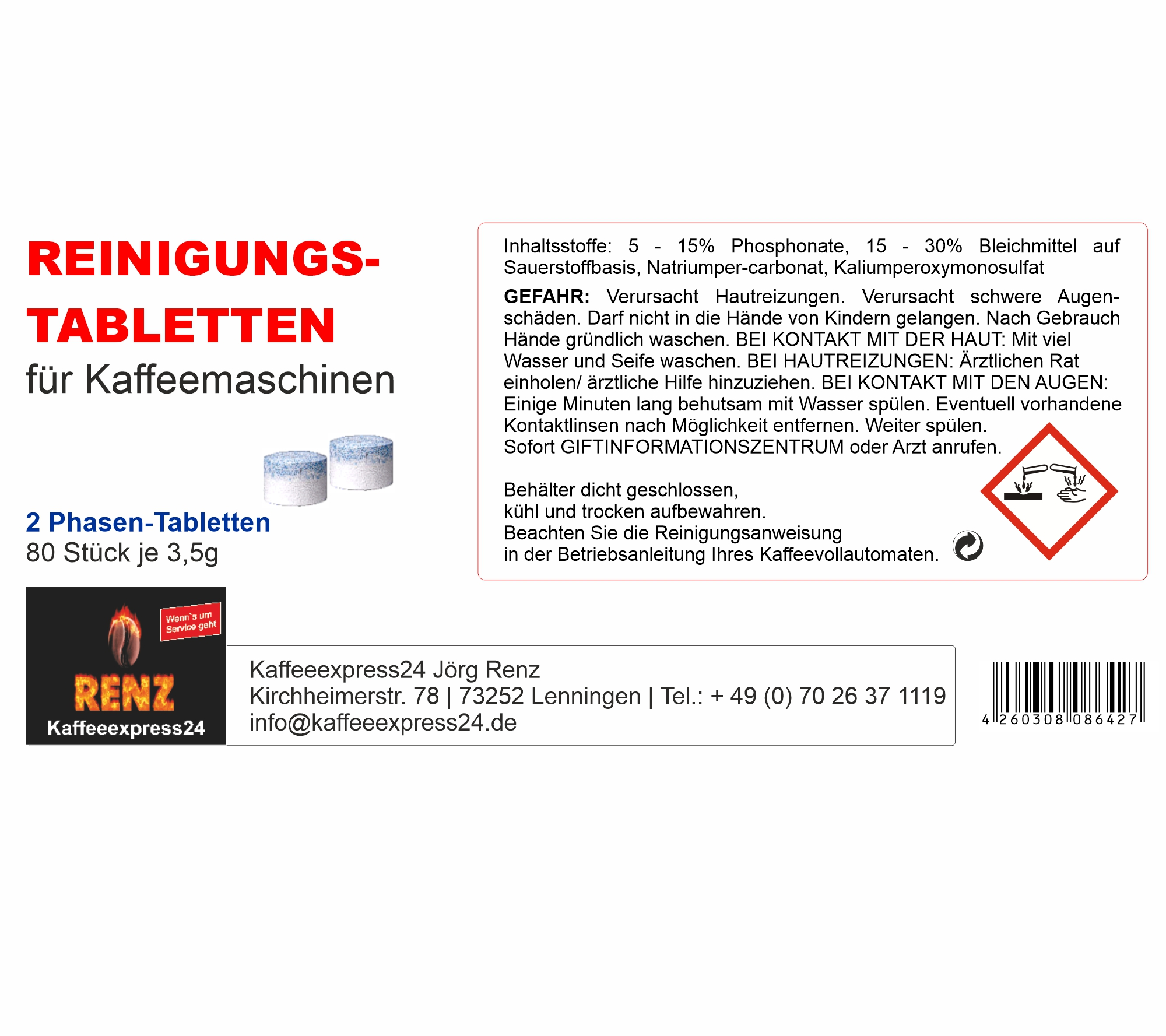 Reinigungstabletten-Verpackung. Blau-weiße Tabletten. Text auf Deutsch. Weißer Hintergrund.