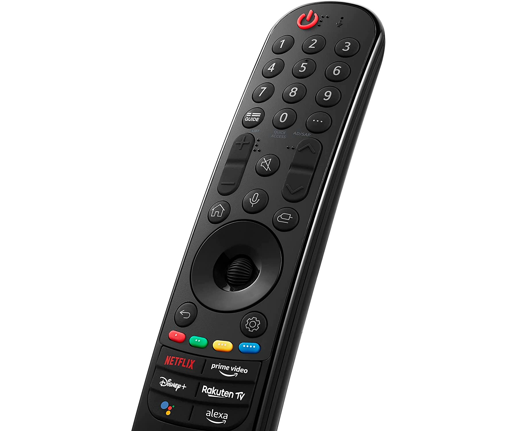 Mando a distancia LG negro con varios botones, incluyendo Netflix, Prime Video y Disney+.
