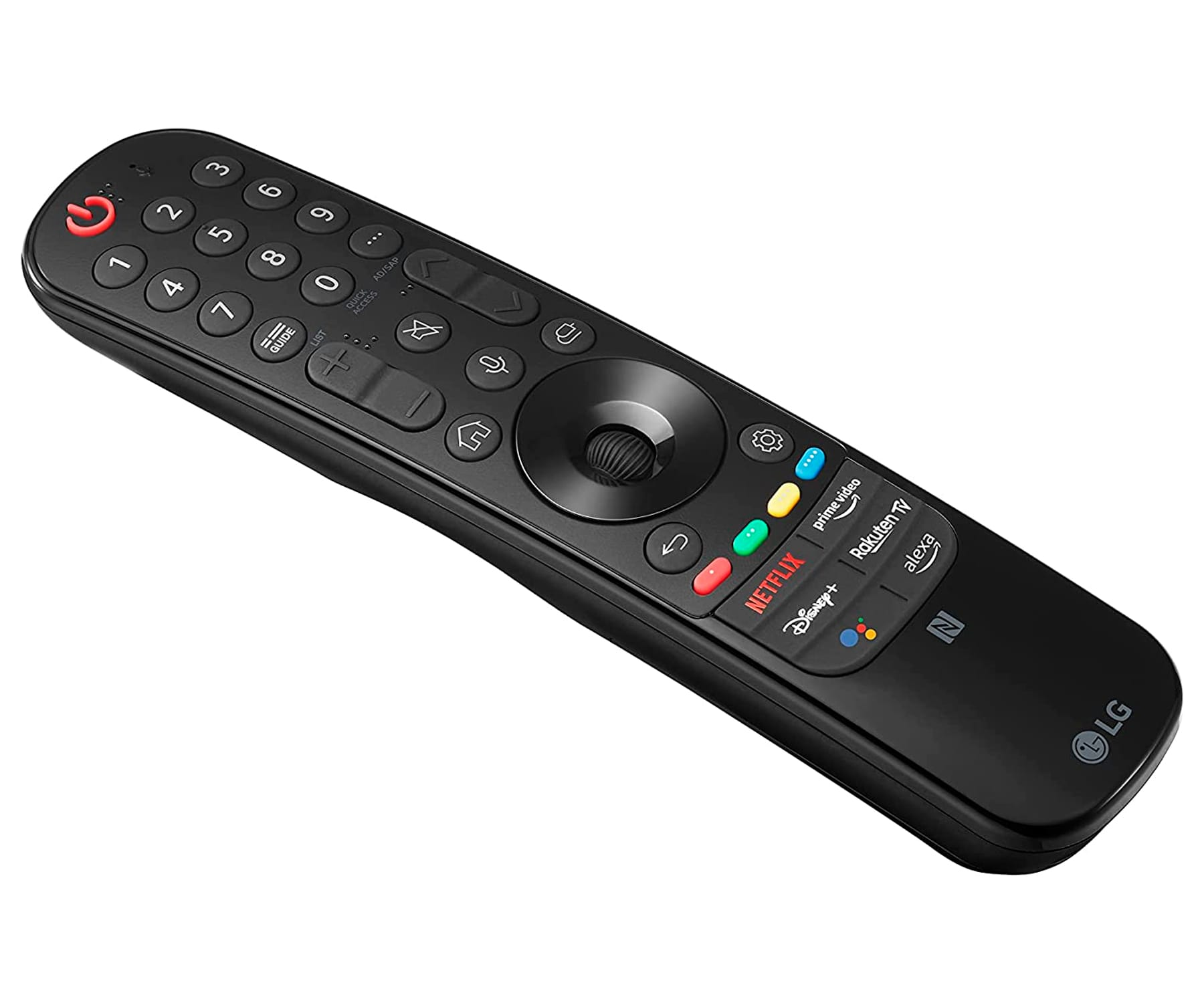 Mando a distancia de TV LG negro. Tiene muchos botones y está en ángulo. Botones Netflix y Alexa visibles.