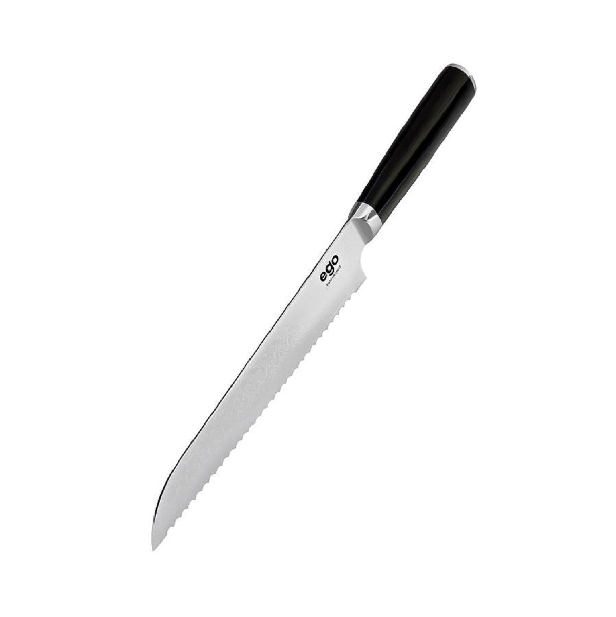 Ein Brotmesser mit gezahnter Klinge und schwarzem Griff auf weißem Hintergrund.
