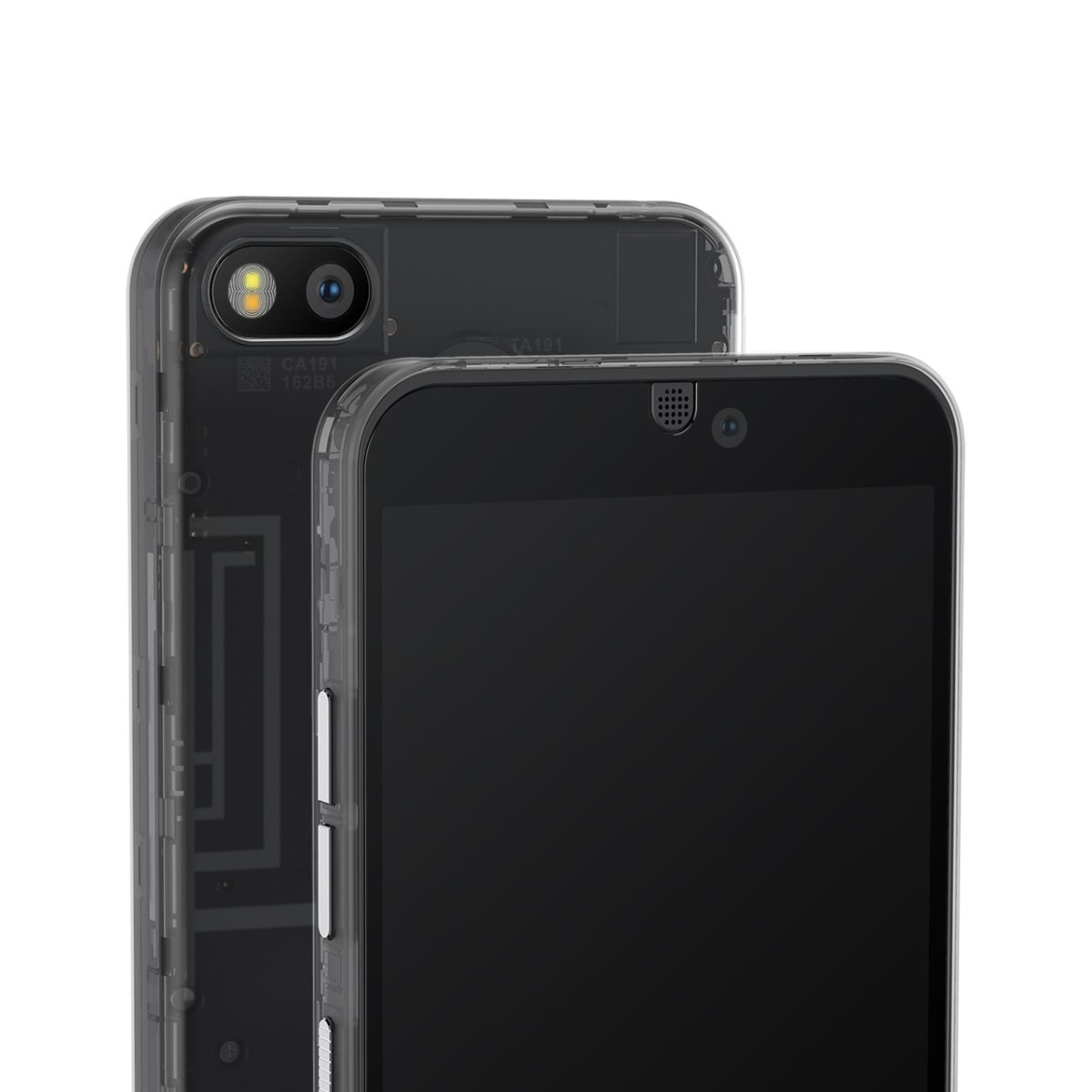 Zwei schwarze Smartphones werden gezeigt, eines hinter dem anderen, mit sichtbarer Kamera und Bildschirm.