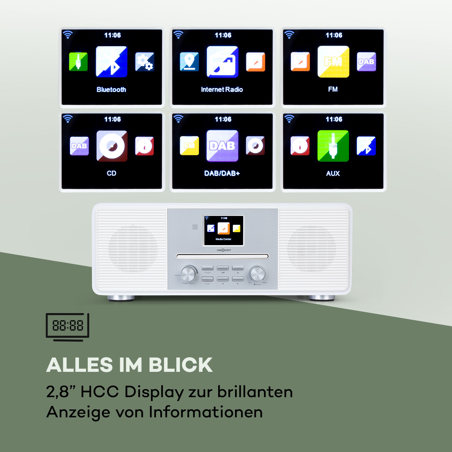 Weißes Mediacenter mit Display, das verschiedene Medienoptionen anzeigt. Weißer Hintergrund.