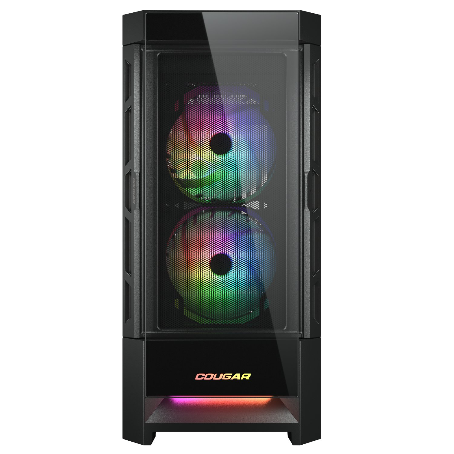 Caja de ordenador negra con frontal de cristal, dos ventiladores iluminados y el logo Cougar abajo.