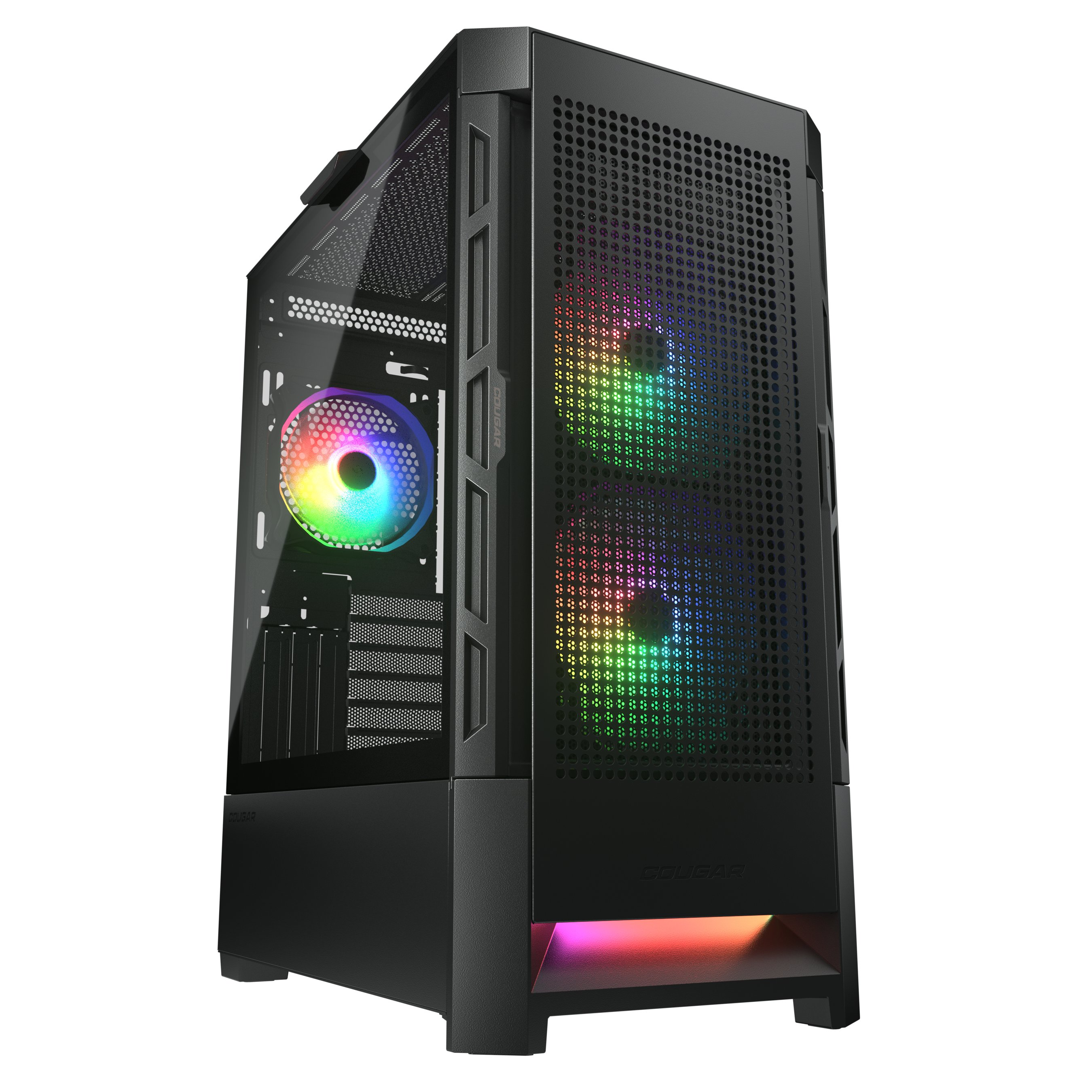 Caja de computadora negra con ventiladores RGB y panel frontal de malla.