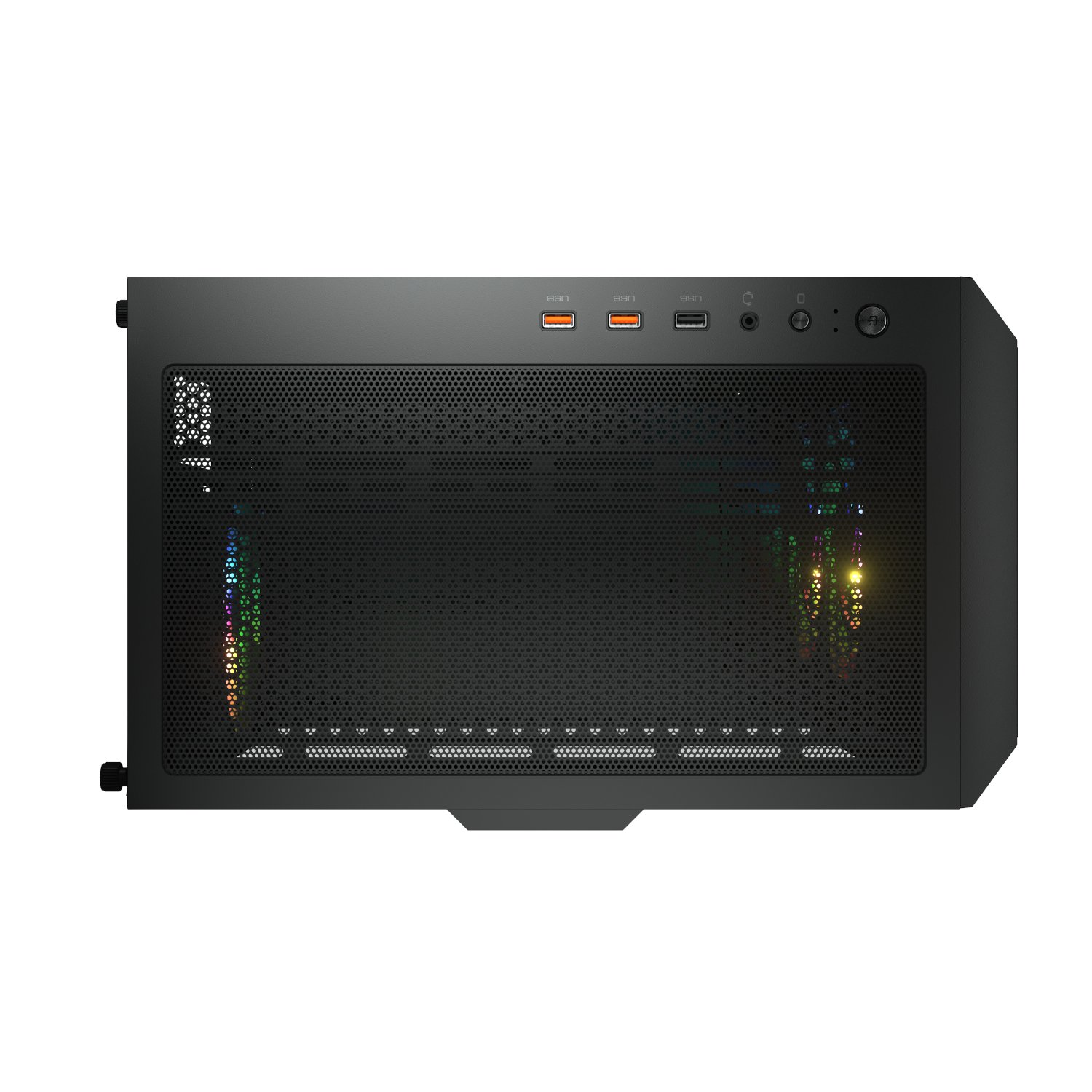 Carcasa de ordenador negra con frontal de malla. Ventiladores RGB visibles. Parte superior con puertos.