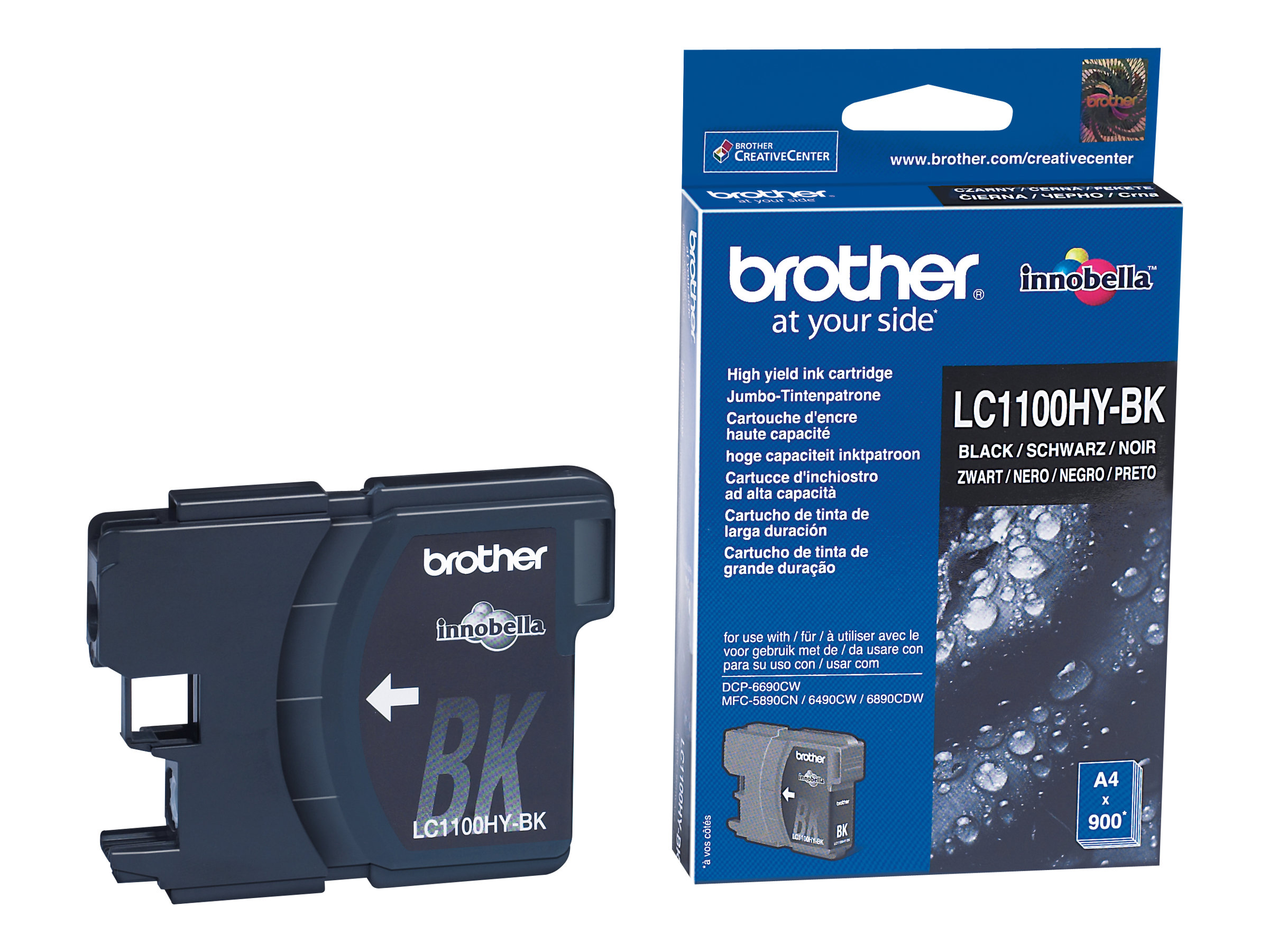 Tintenpatronen und Box. Schwarze Tintenpatrone und Produktbox mit Brother-Logo.