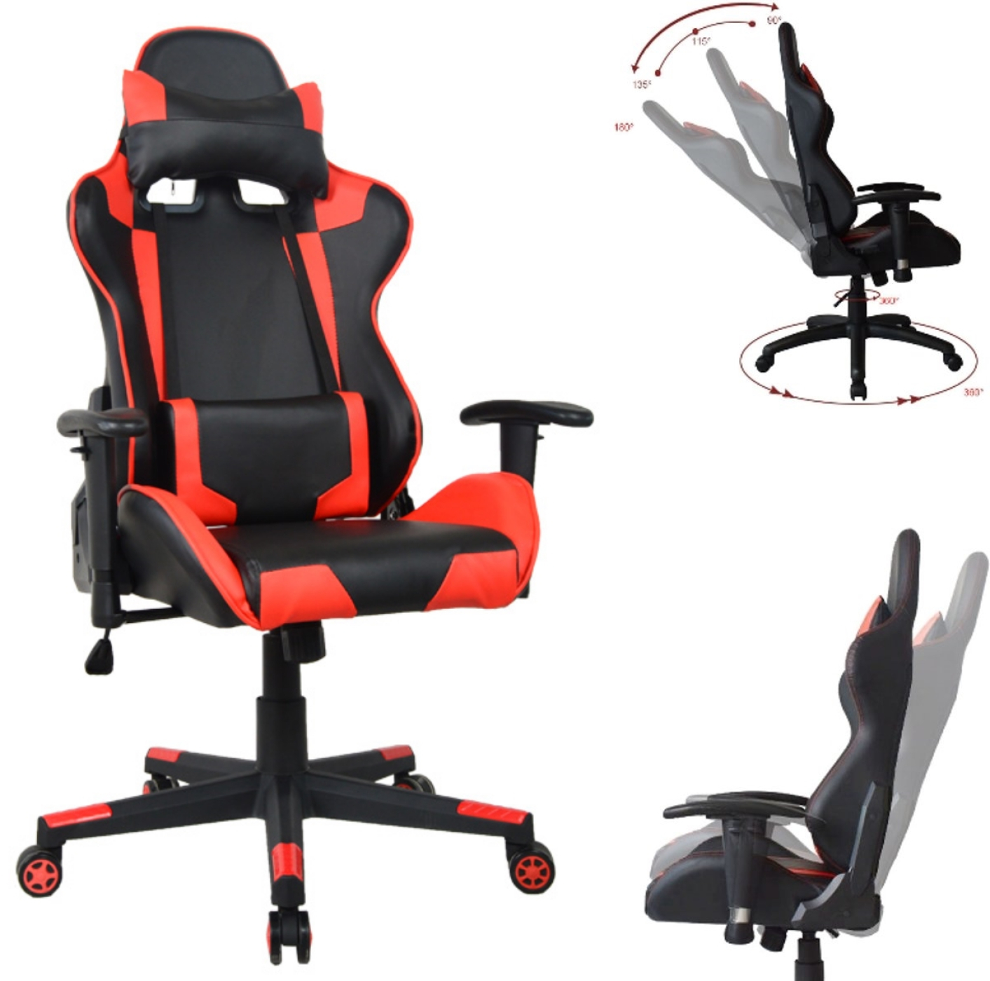 Een rode en zwarte gaming stoel met aanpassingsdiagrammen, op een witte achtergrond.