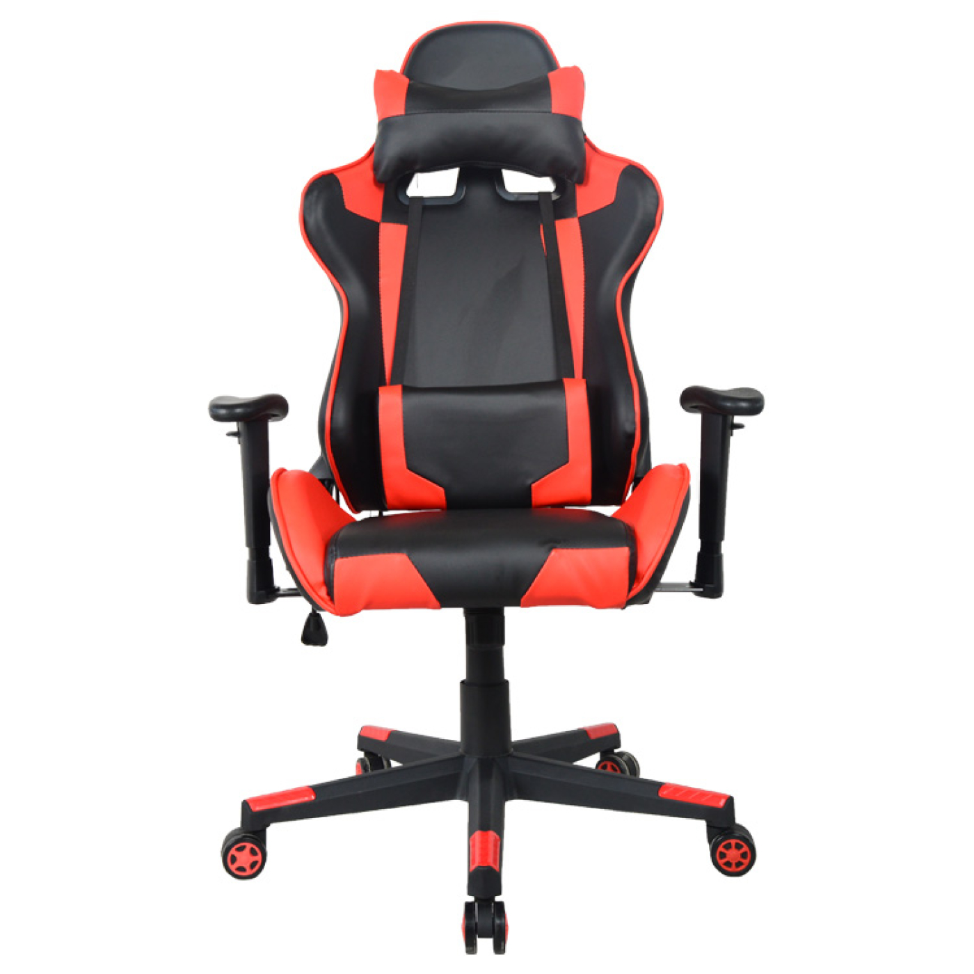 Een gamestoel, rood en zwart van kleur, met een zwarte basis en rode wielen.