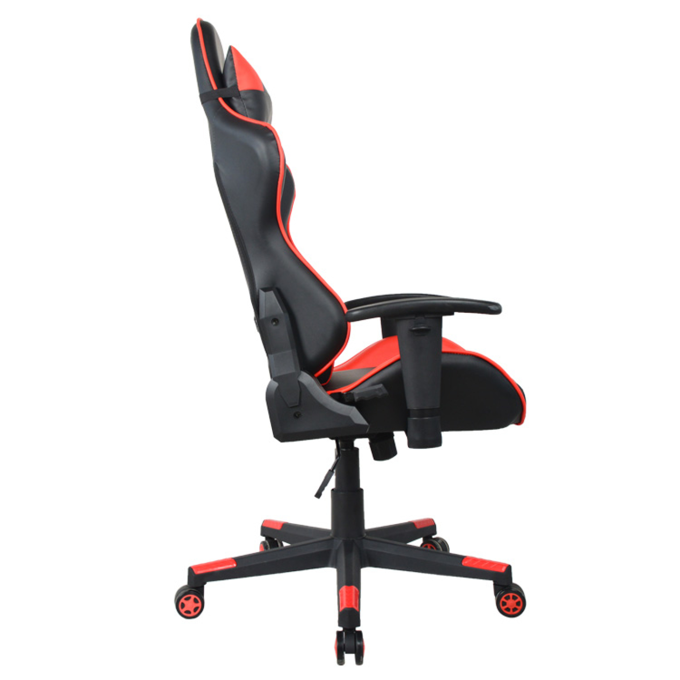 Gamingstoel in profiel. Het heeft een zwart en rood ontwerp, met een vijfsterrenvoet en wielen.