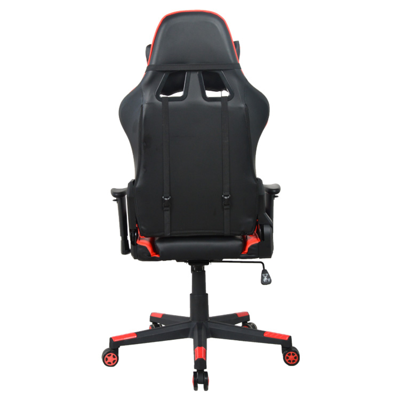 Achterkant van een gamestoel, zwart en rood, witte achtergrond.
