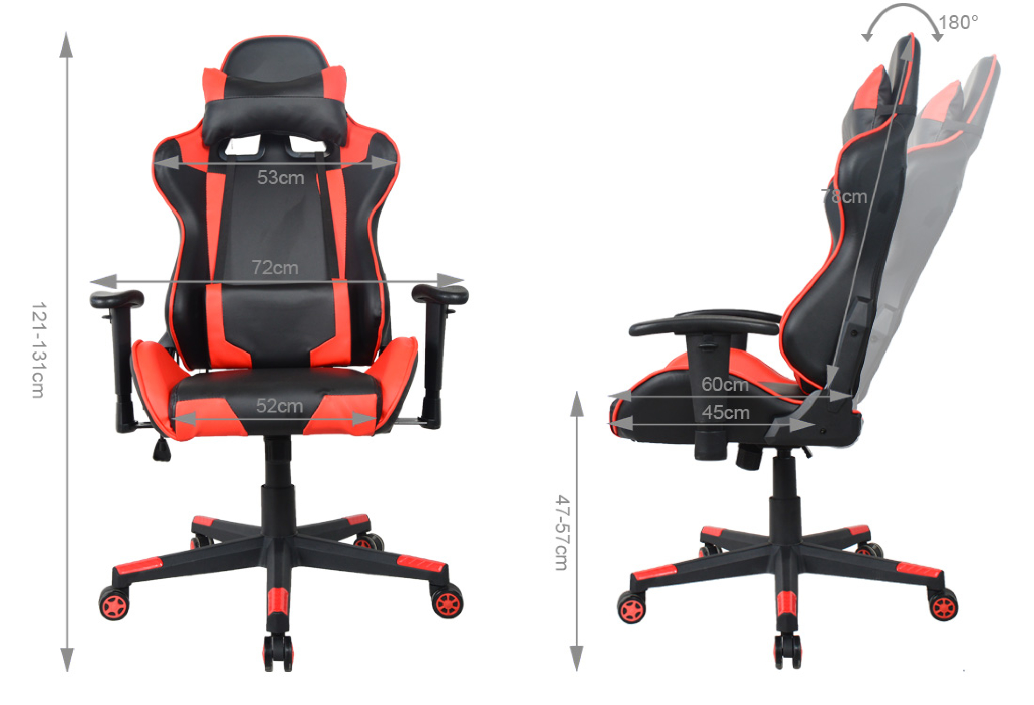 Gamingstoel met rood en zwart ontwerp. Afmetingen worden getoond. Met hoofdsteun, armleuningen en wielen.