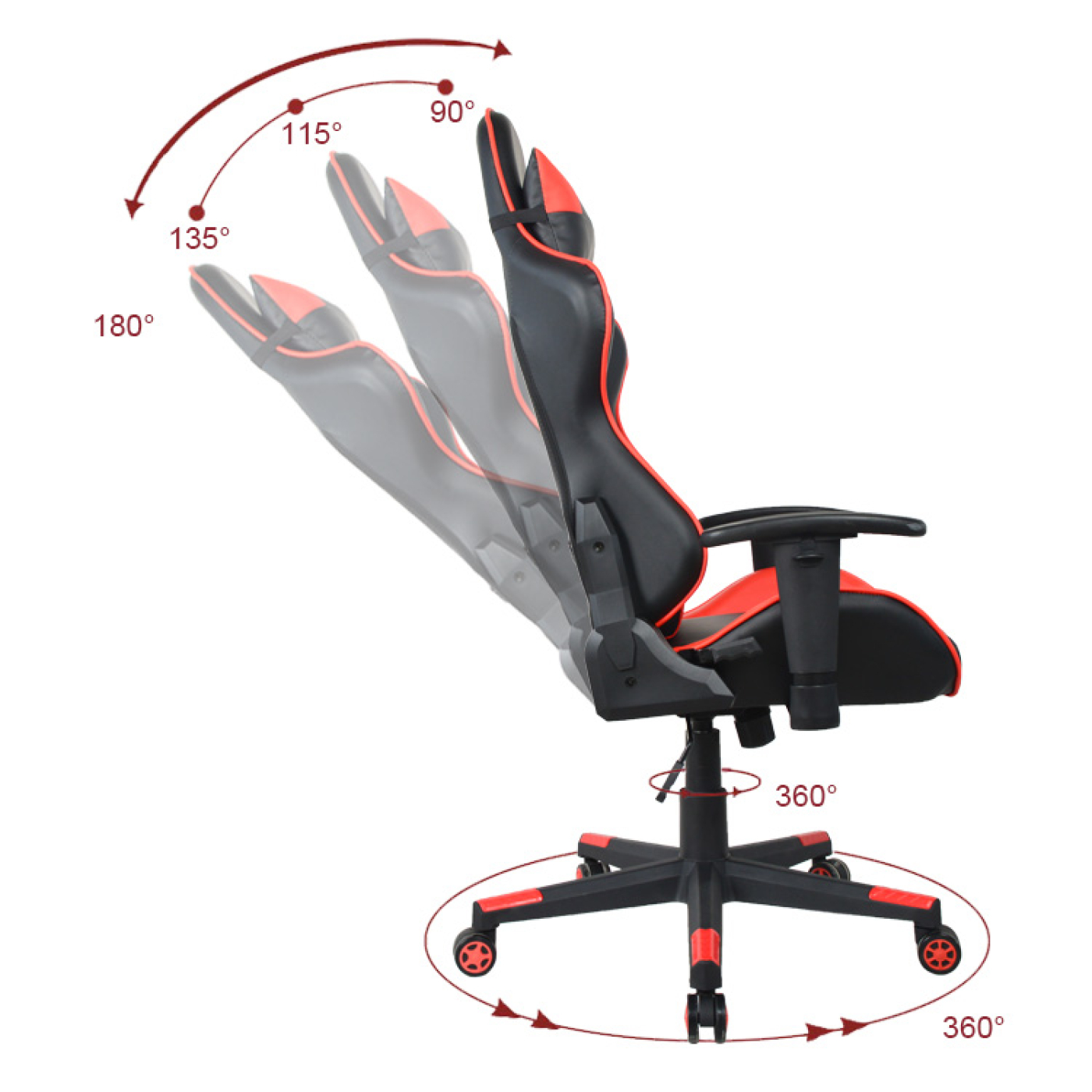 Een gamingstoel in zwart en rood, met 360 graden rotatie en rugleuninginstellingen van 90 tot 180 graden.