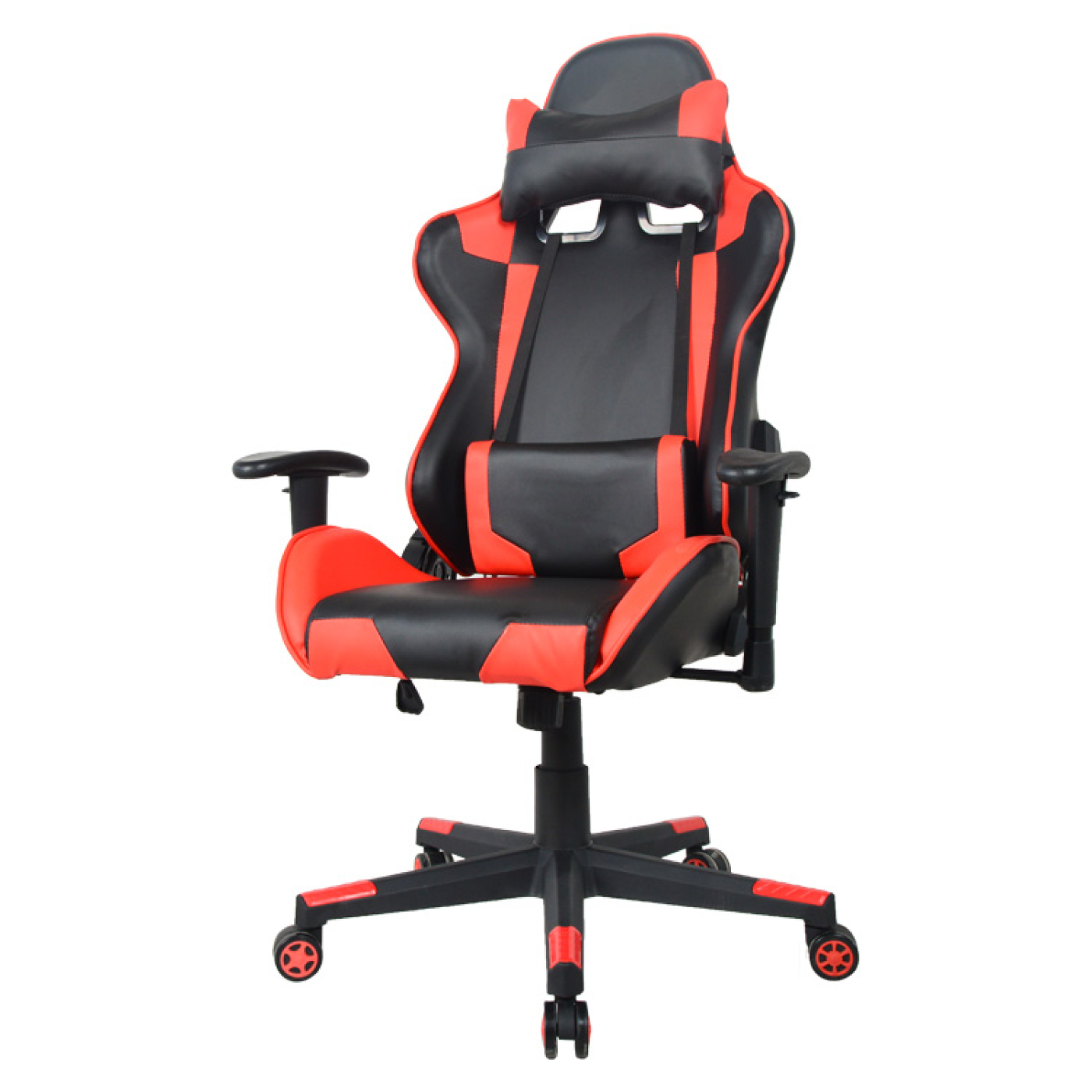 Een rode en zwarte gamingstoel op een witte achtergrond. De stoel heeft een hoofdsteun en armleuningen.