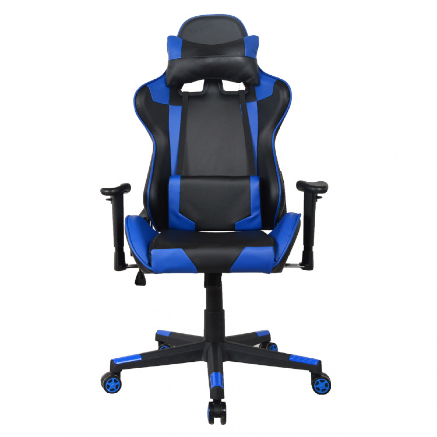 Zwarte en blauwe gamingstoel, met een hoofdsteun en armleuningen. Het heeft een vijfsterren basis met blauwe wielen.
