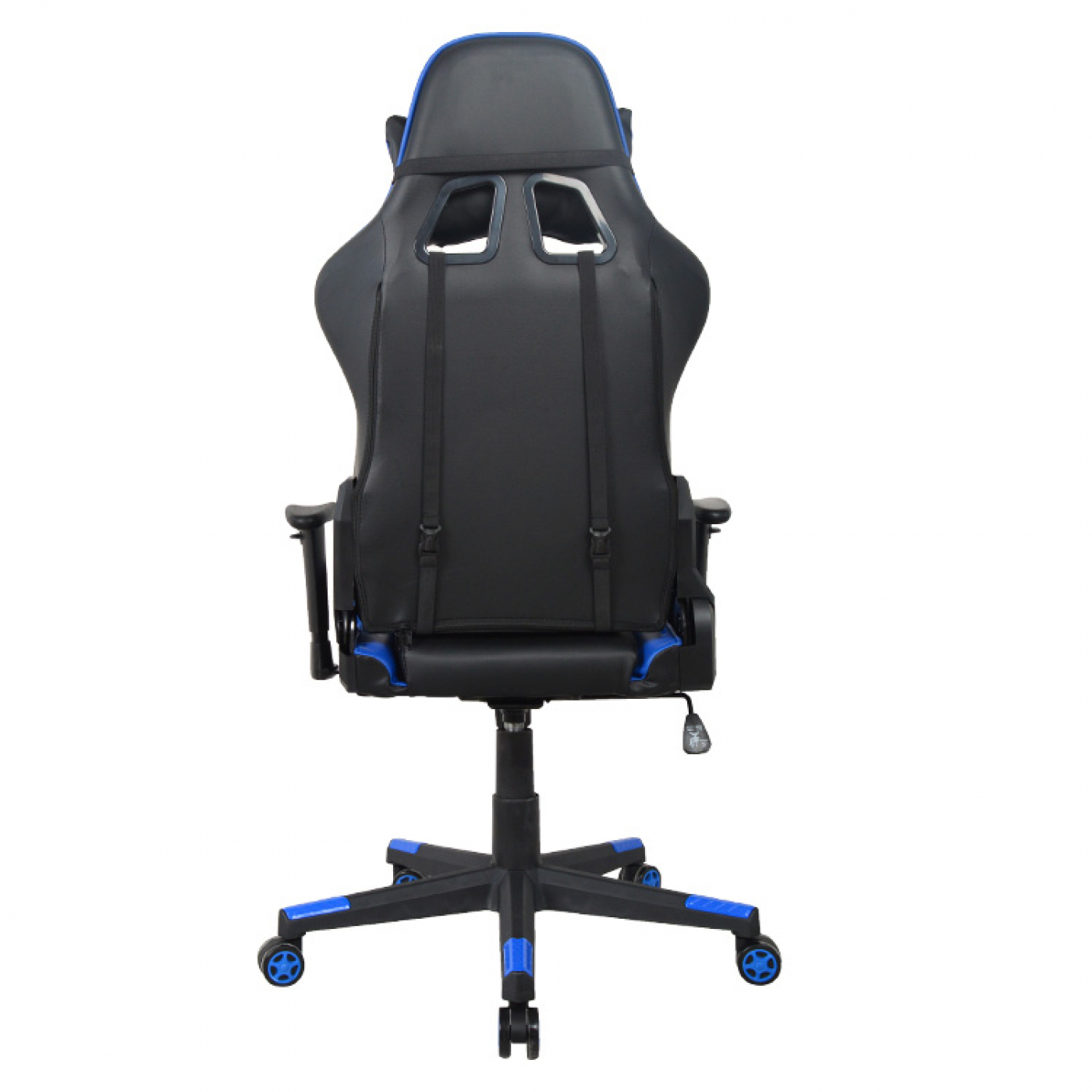 Gaming stoel van achteren, zwart met blauwe accenten. Het heeft wielen en een hoofdsteun.
