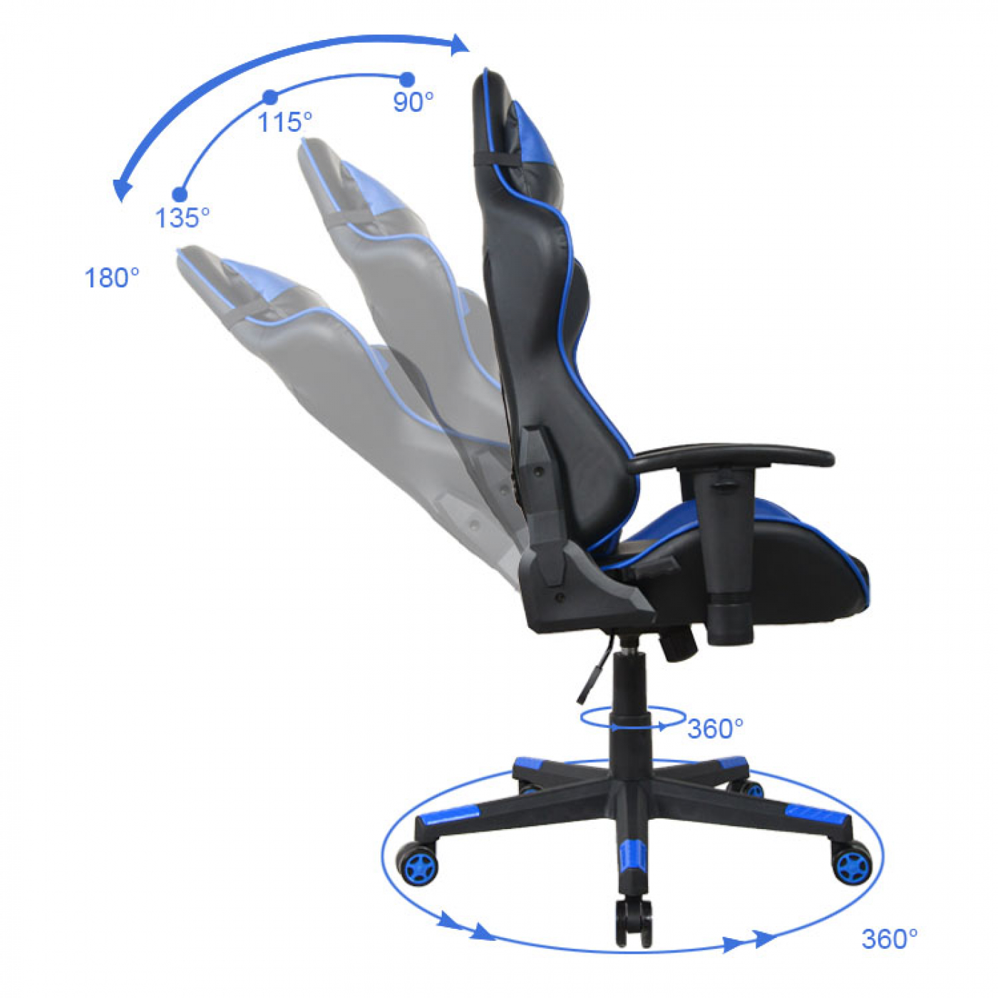 Gaming stoel met blauw en zwart design. Toont de bewegingsvrijheid van de stoel met gradenmetingen.