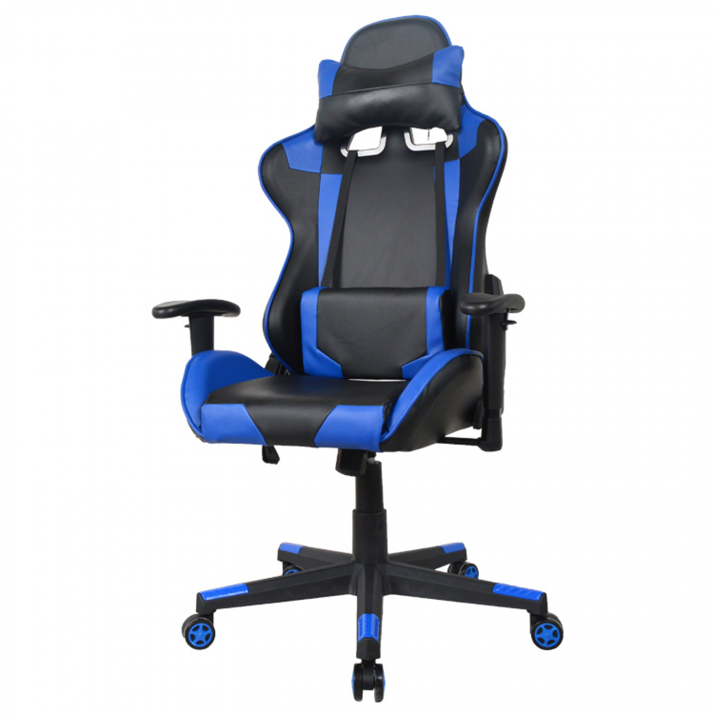 Gaming stoel. Zwart, blauw en wit. Inclusief hoofdsteun, armleuningen en vijf wielbasis.