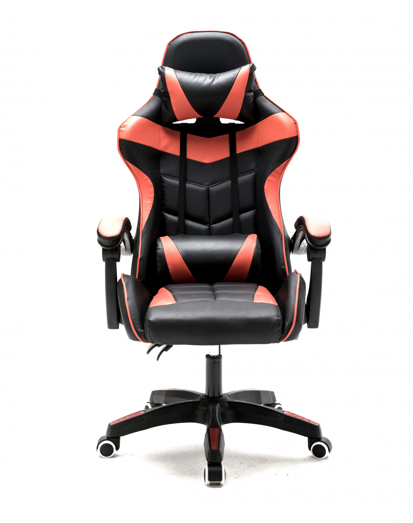 Roter und schwarzer Gaming-Stuhl. Er ist nach vorne gerichtet, mit Armlehnen und Kopfstütze.