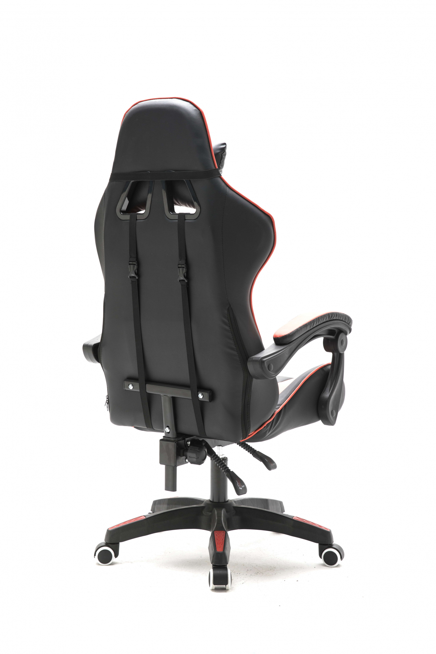 Schwarzer und roter Gaming-Stuhl, Rückansicht, auf weißem Hintergrund.