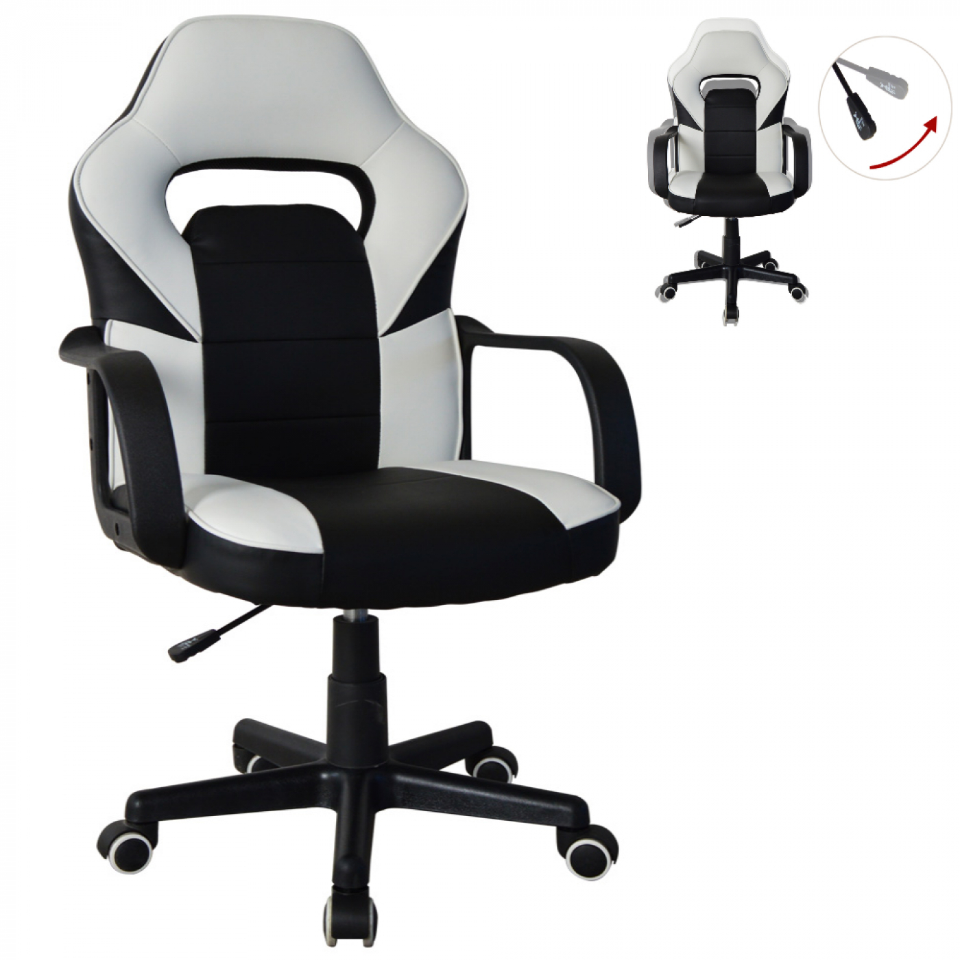 Gamingstoel, zwart en wit. Extra stoel rechtsboven. Witte achtergrond.