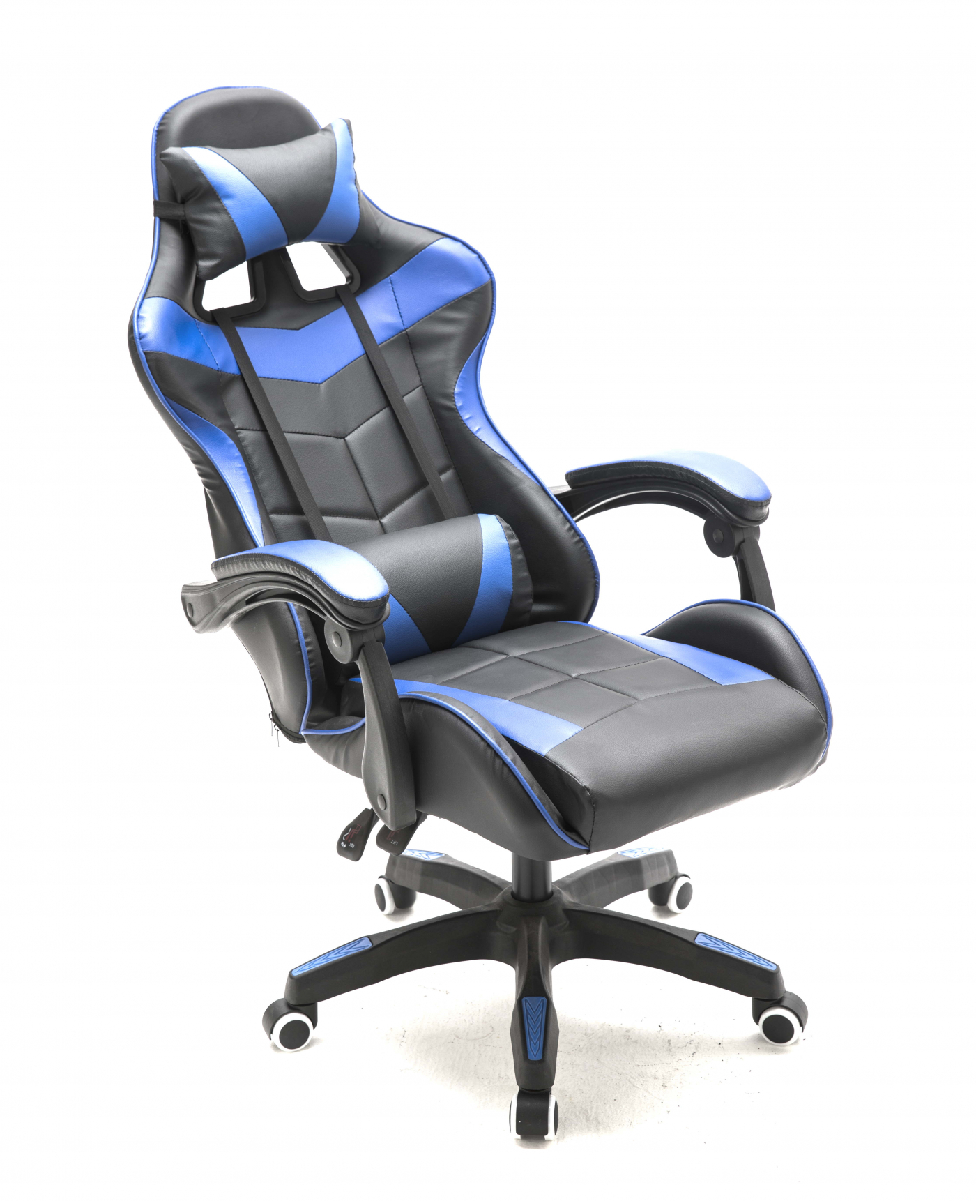 Gamingstoel, zwart en blauw, wielen op voet, hoge rug, hoofdsteun.