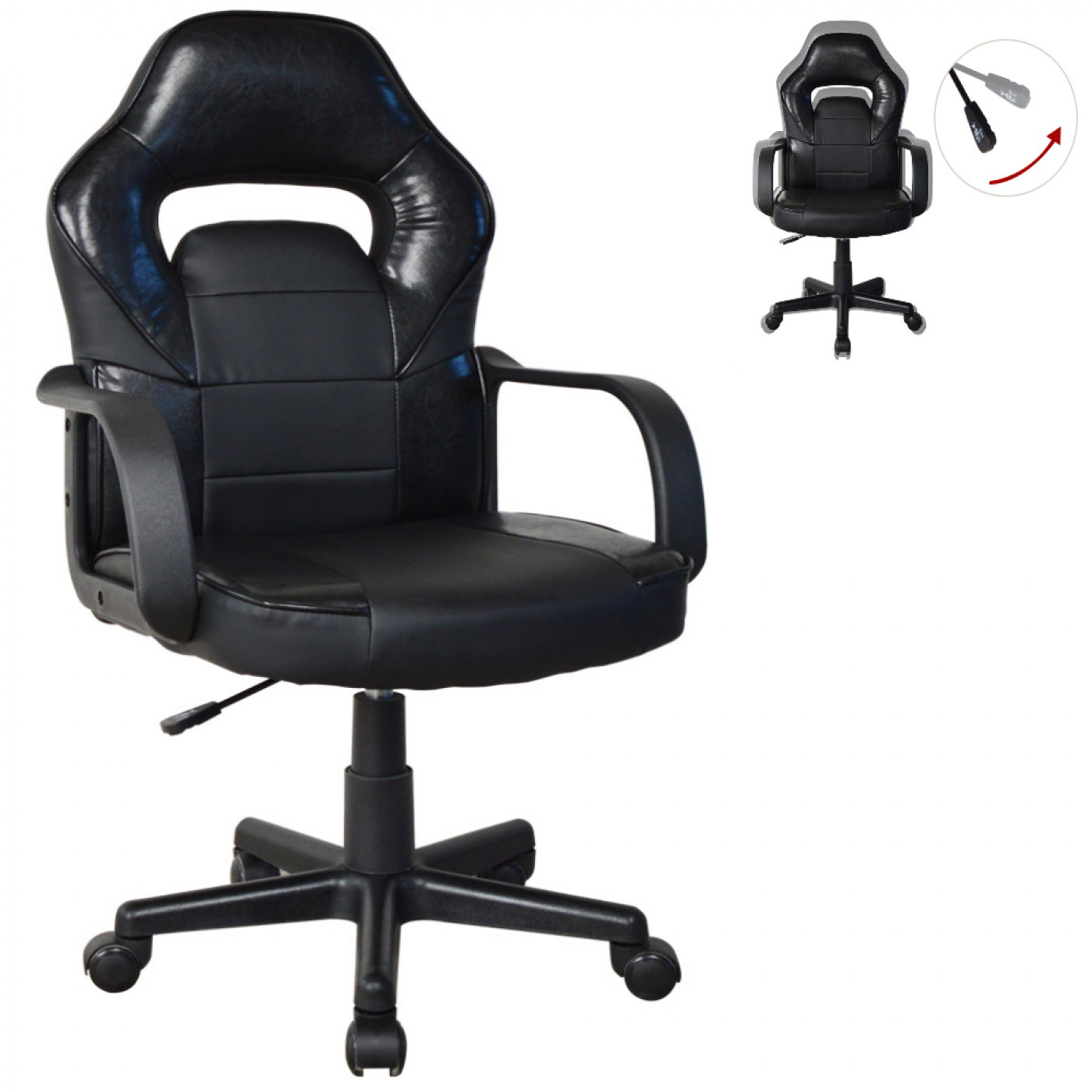 Schwarzer Gaming-Stuhl mit Kopfstütze und Armlehnen. Weißer Hintergrund mit zweitem Stuhl.