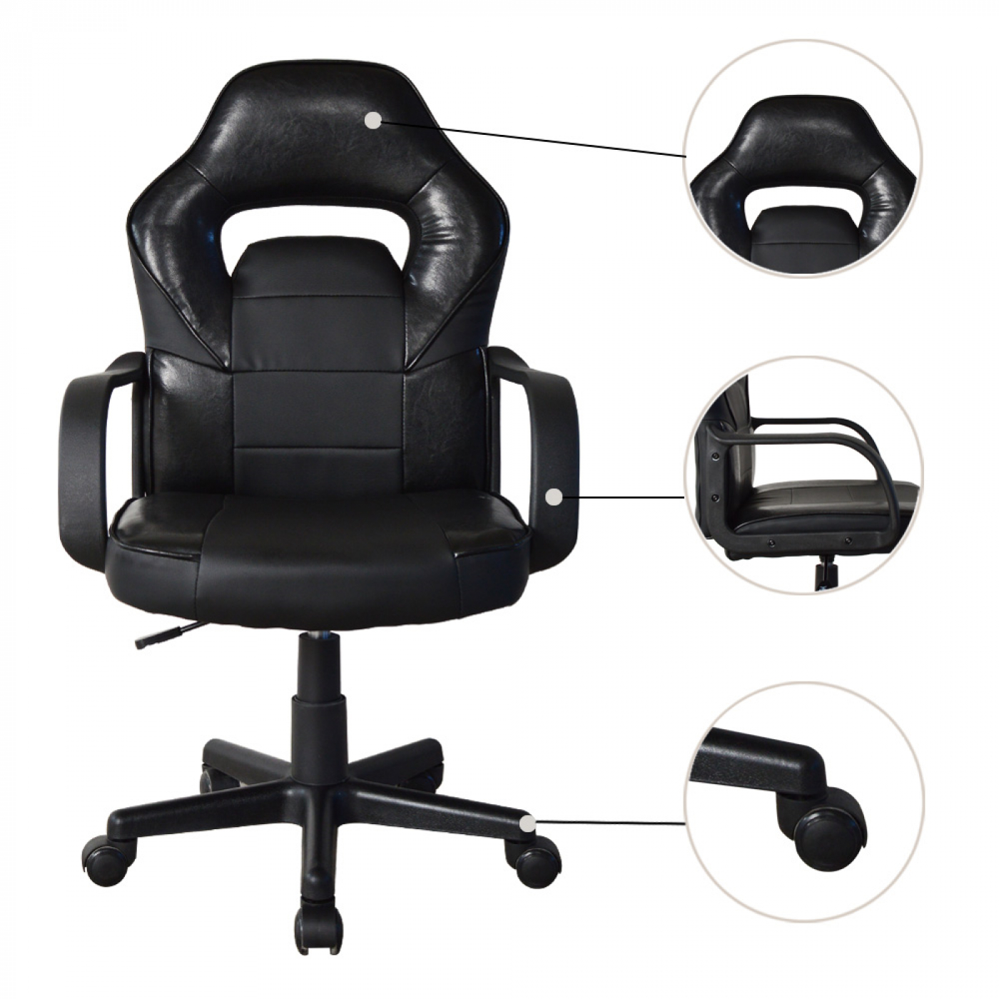 Ein schwarzer Gaming-Stuhl mit schwarzen Armlehnen und schwarzem Gestell.