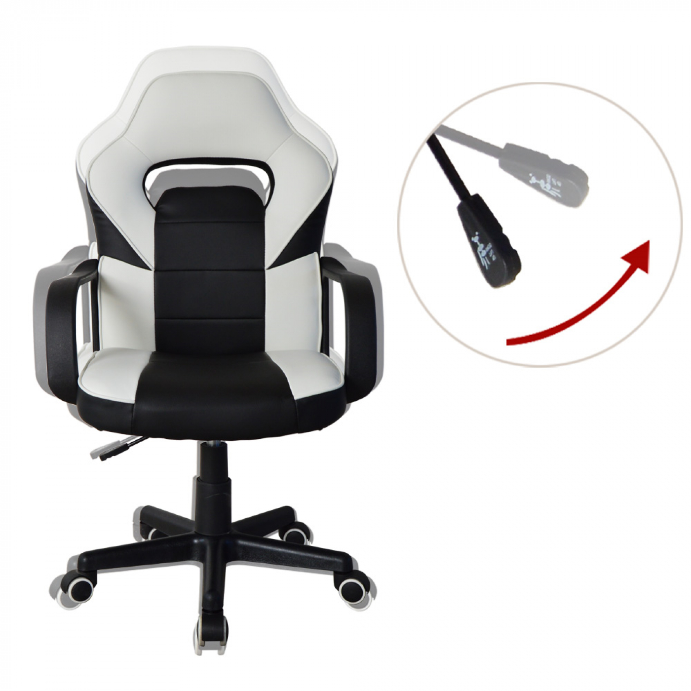 Wit en zwarte gaming stoel met een hendel getoond in een cirkel die de hendelwerking aangeeft.