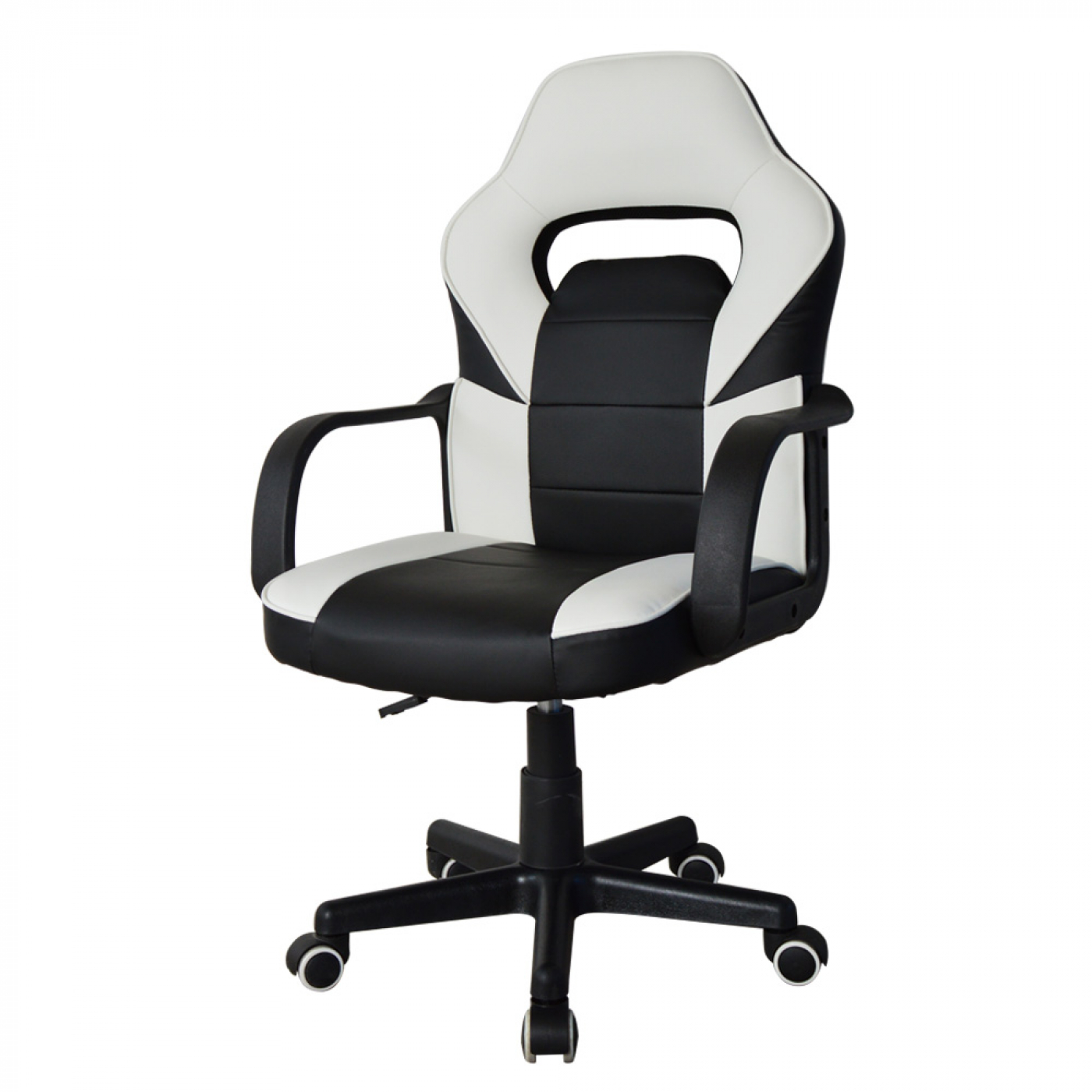 Zwarte en witte gamingstoel. Witte rug en hoofdsteun, zwarte zitting en basis met wielen.