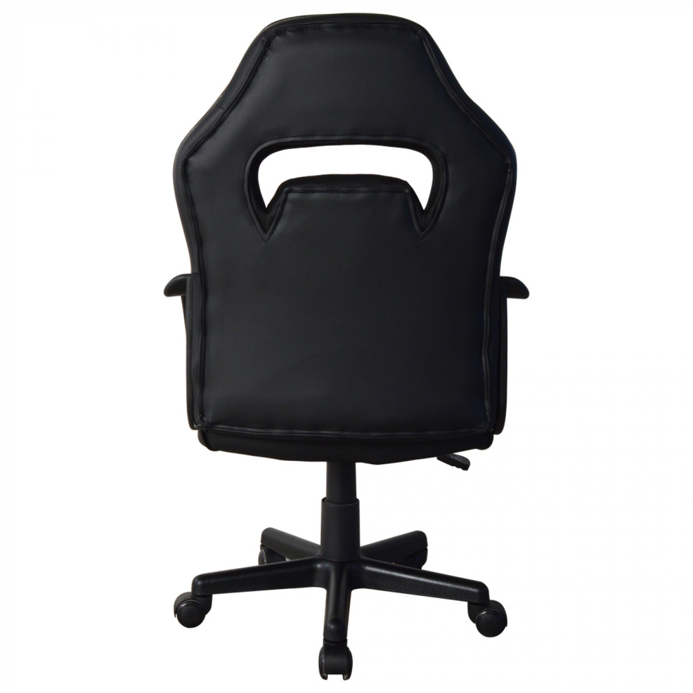 Rückansicht eines schwarz-weißen Gaming-Stuhls auf weißem Hintergrund.