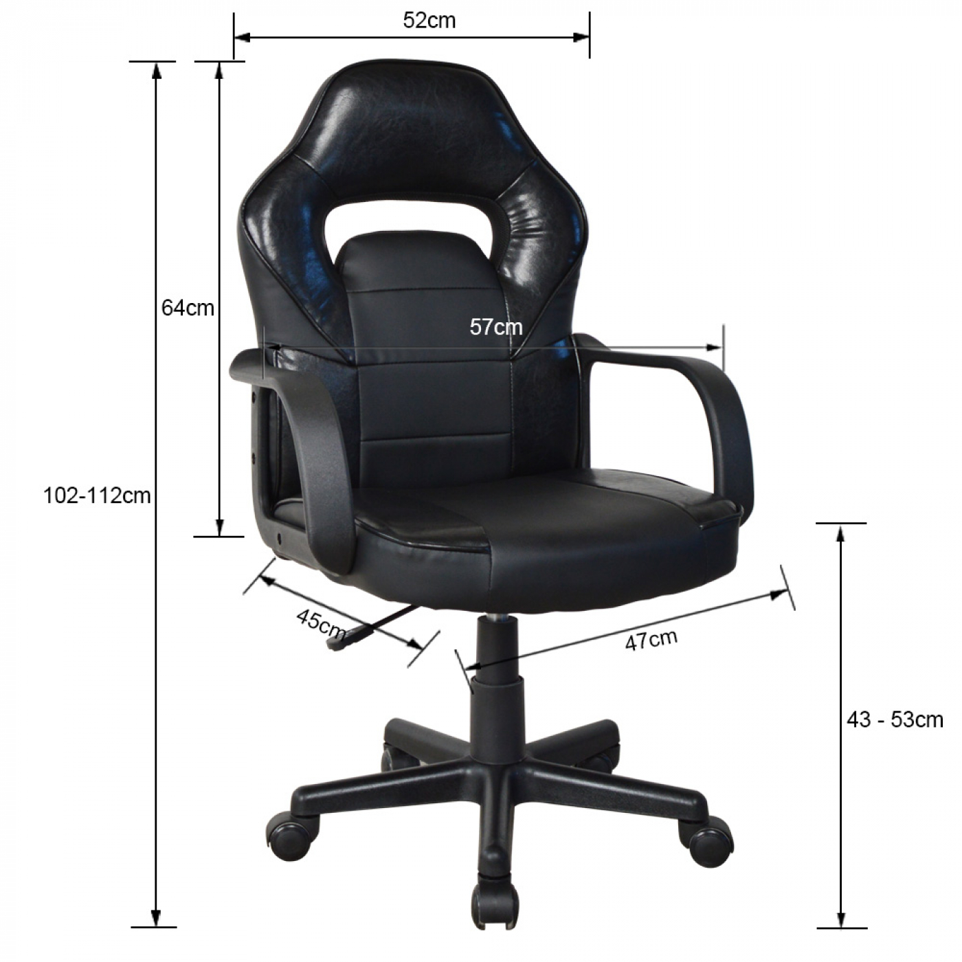 Schwarzer Gaming-Stuhl mit Maßangaben: Höhe 102-112cm, Breite 52cm, Sitztiefe 47cm.