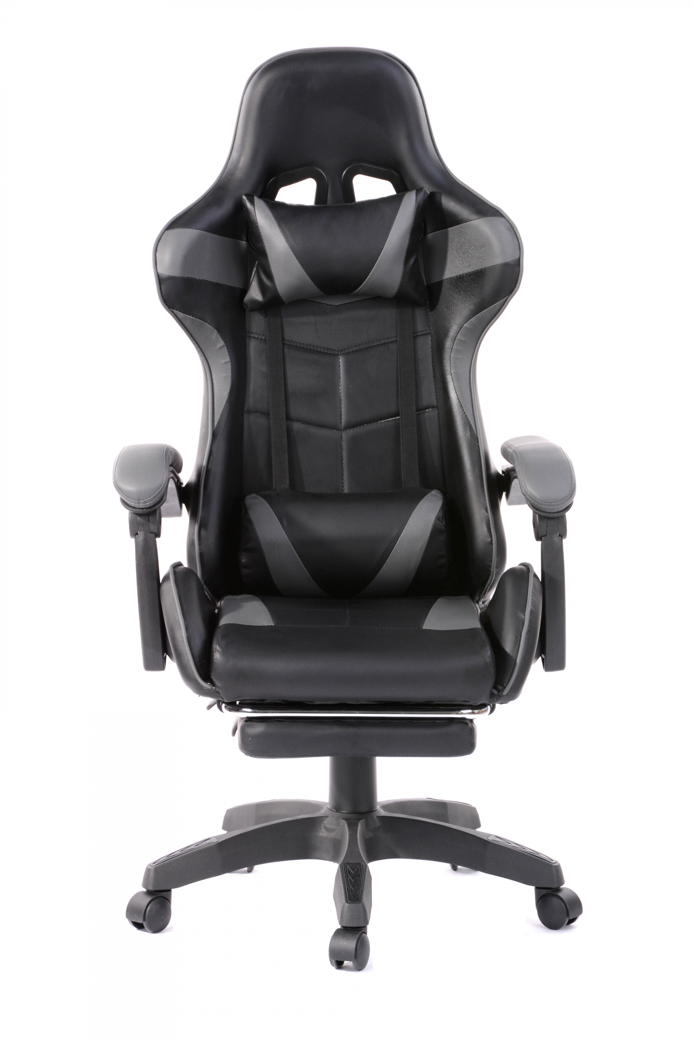 Ein schwarz-grauer Gaming-Stuhl mit Kopfstütze, Rückenlehne, Armlehnen und Fußstütze.