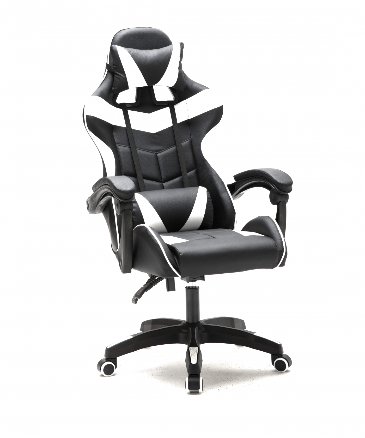 Een zwart-witte gamestoel. Het is een stoel met een hoge rugleuning en een wit en zwart patroon.