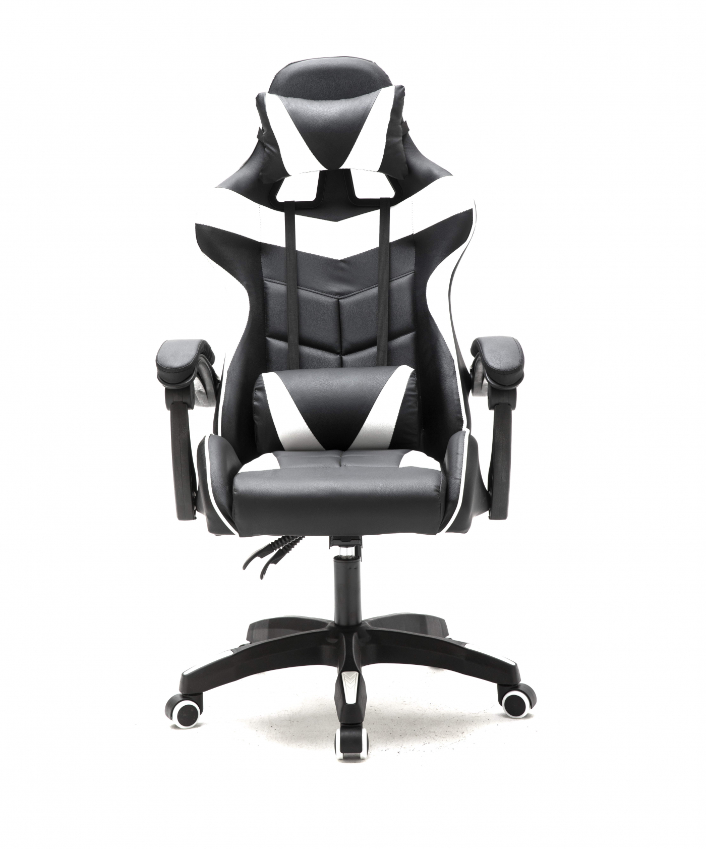 Zwart-witte gamingstoel met hoge rugleuning en hoofdsteun.