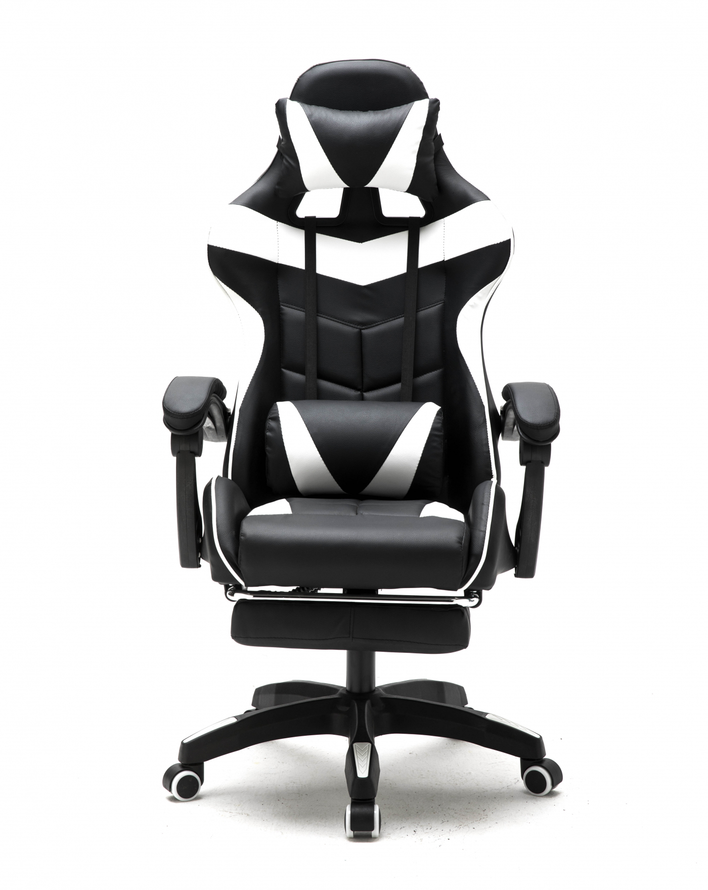 Zwarte en witte gamingstoel op een witte achtergrond.