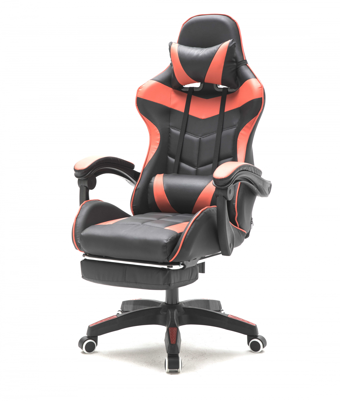 Schwarzer und roter Gaming-Stuhl mit Fußstütze auf weißem Hintergrund.