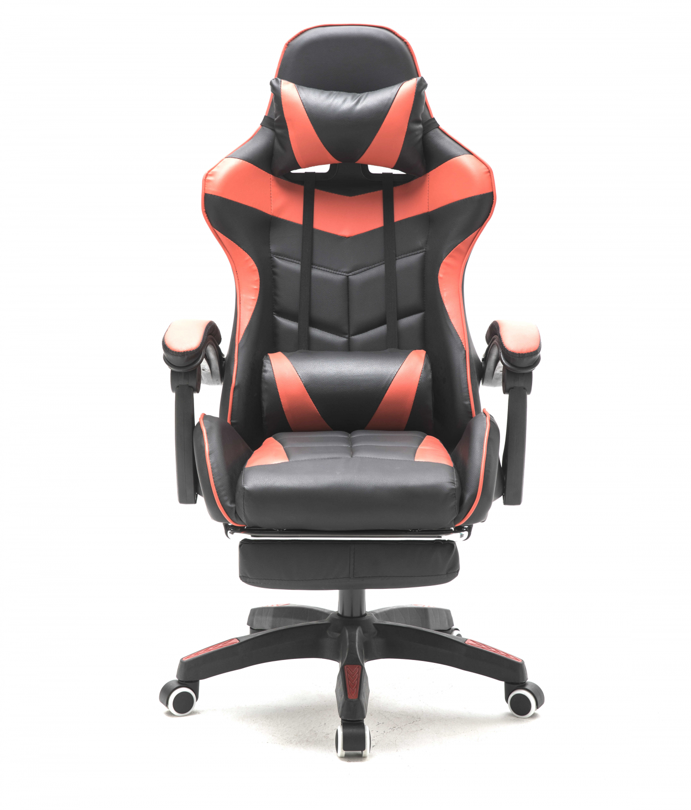 Roter und schwarzer Gaming-Stuhl mit Fußstütze, schwarzem Sockel, weißer Hintergrund.