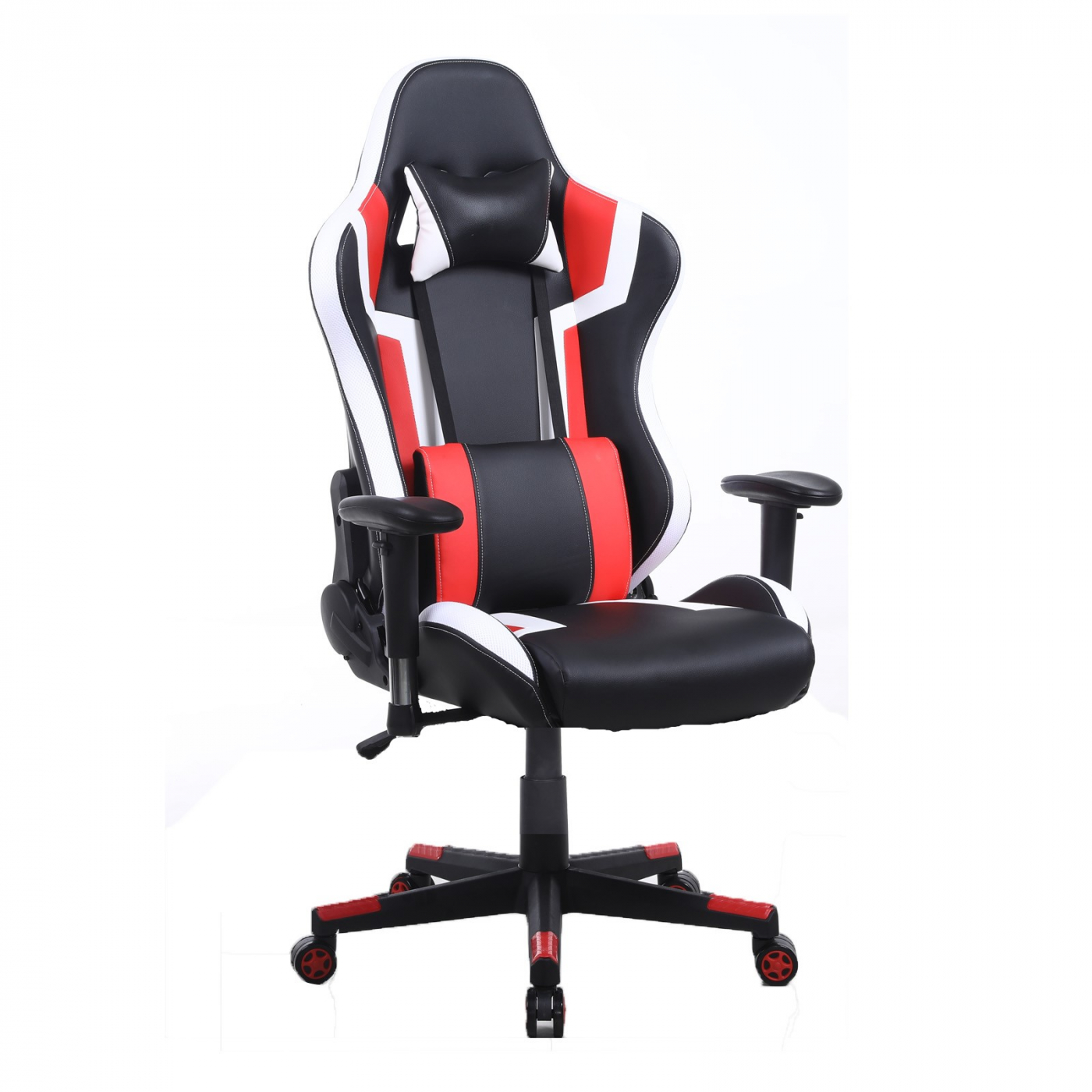 Ein Gaming-Stuhl mit einem schwarzen, roten und weißen Design auf weißem Hintergrund. Rote Räder.