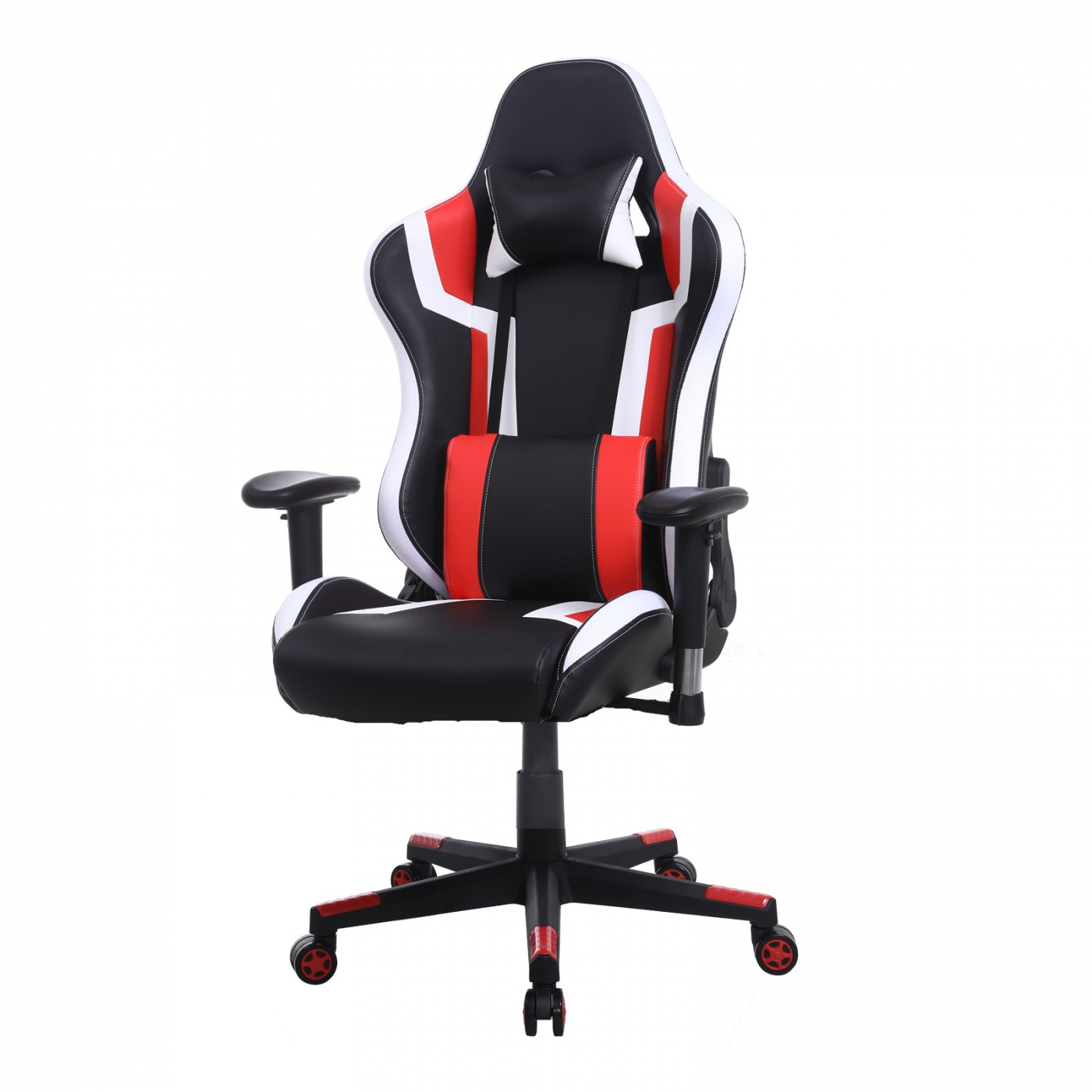 Gaming-Stuhl mit schwarzem, roten und weißen Design. Er hat eine Kopfstütze, Armlehnen und eine Fünf-Sterne-Basis.