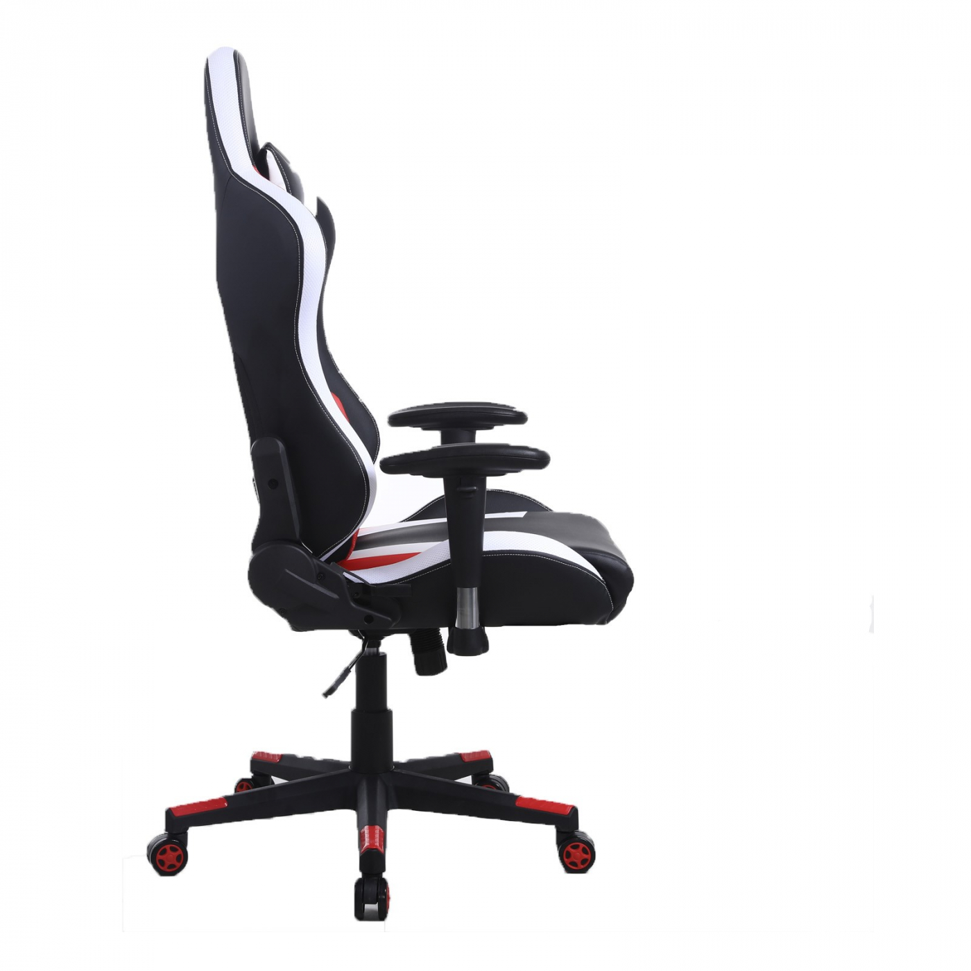 Gaming-Stuhl, schwarz mit weißen und roten Akzenten, Profilansicht. Weißer Hintergrund.