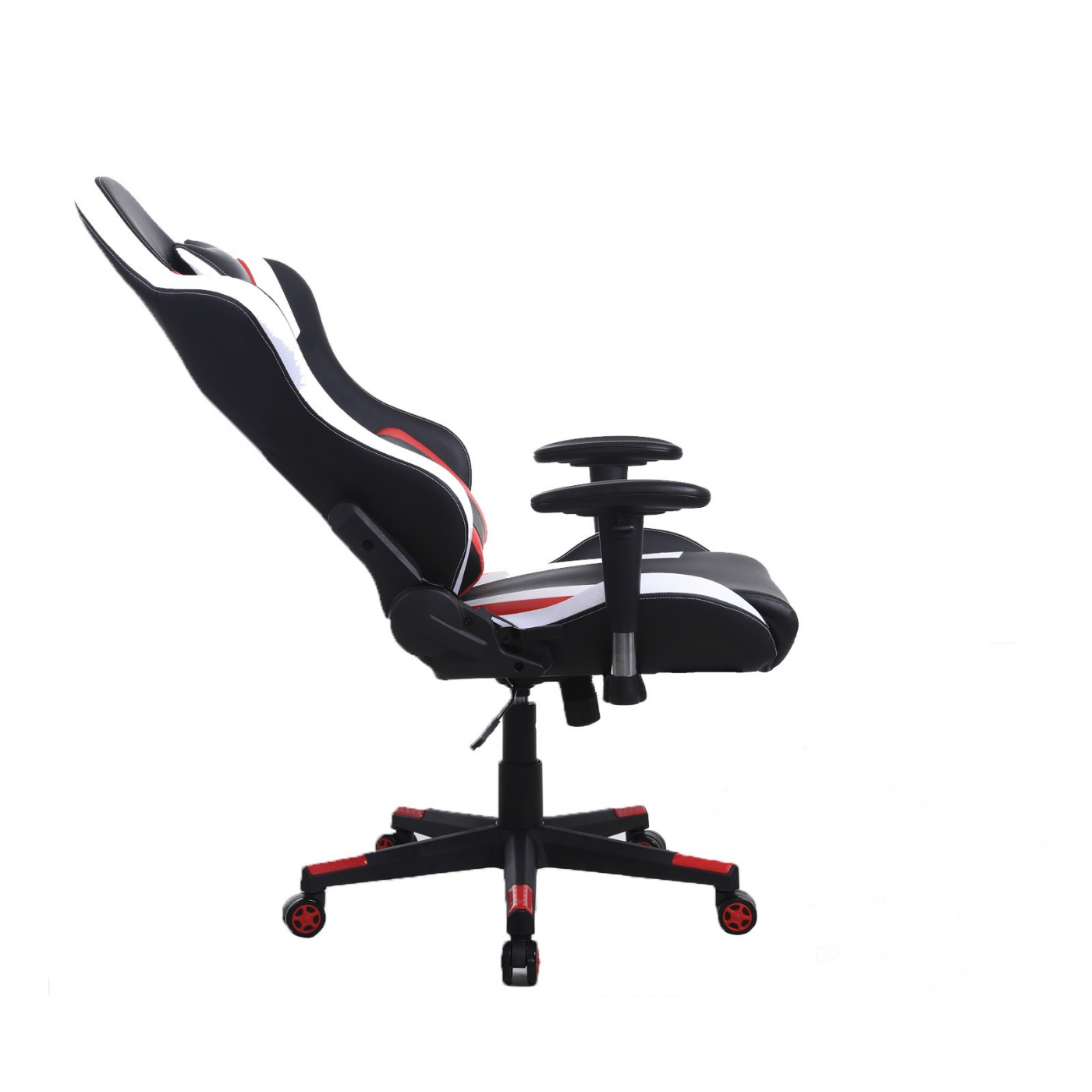 Gaming-Stuhl in Schwarz, Rot und Weiß, von der Seite gesehen. Er hat einen hohen Rücken und Armlehnen.
