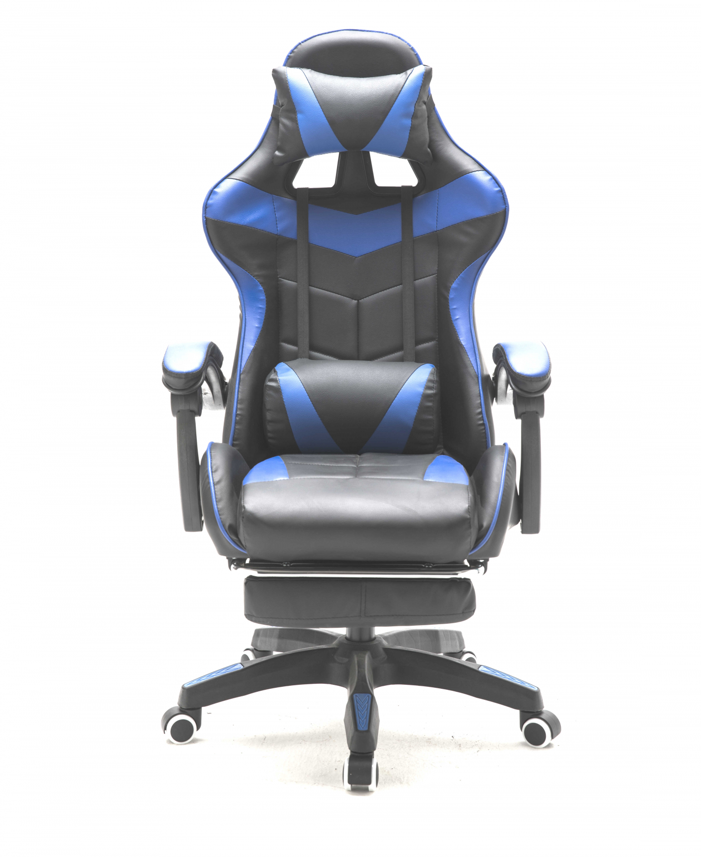 Gaming-Stuhl mit schwarz-blauem Design und Fußstütze, vor weißem Hintergrund.