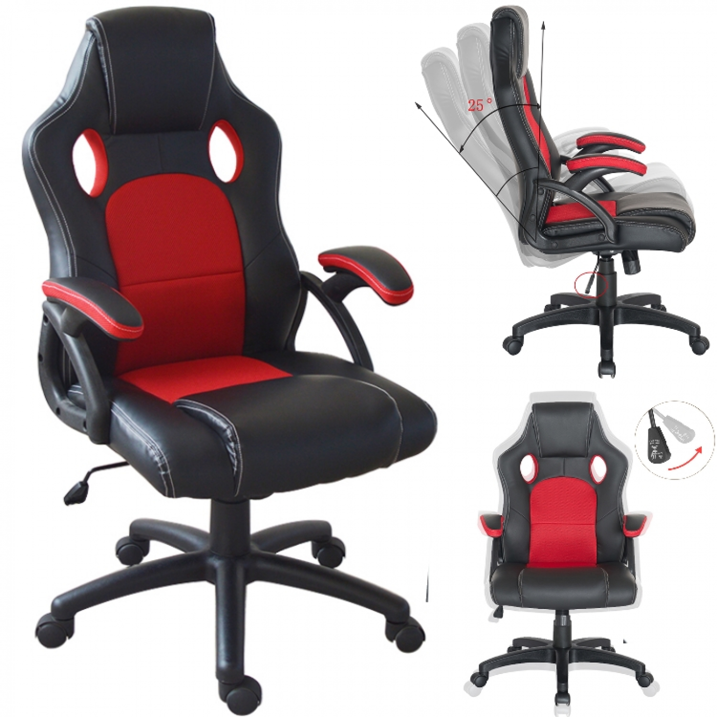 Gaming-Stuhl in Schwarz und Rot mit mehreren Ansichten, die verstellbare Funktionen zeigen.