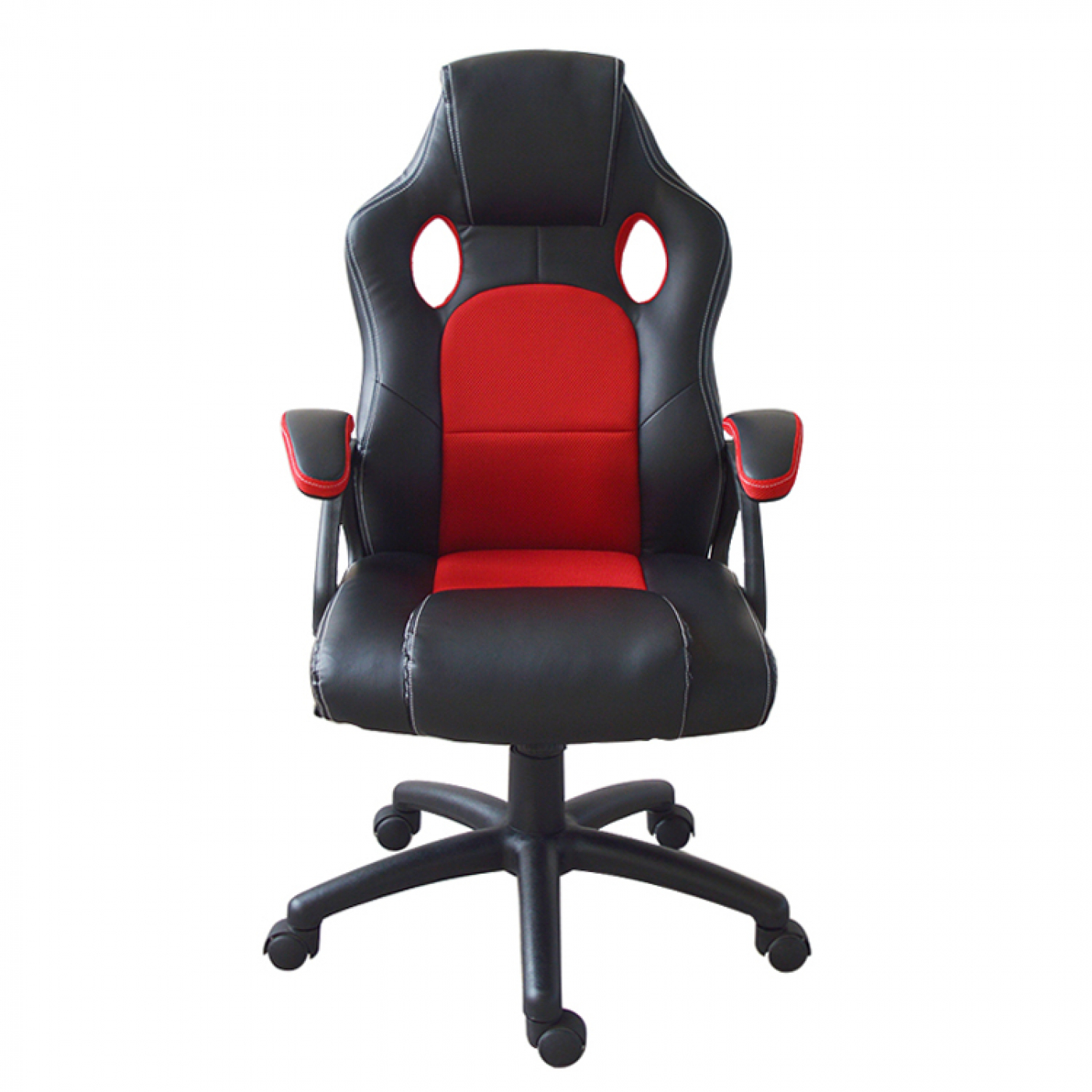 Schwarzer und roter Gaming-Stuhl, Vorderansicht, isoliert auf Weiß.