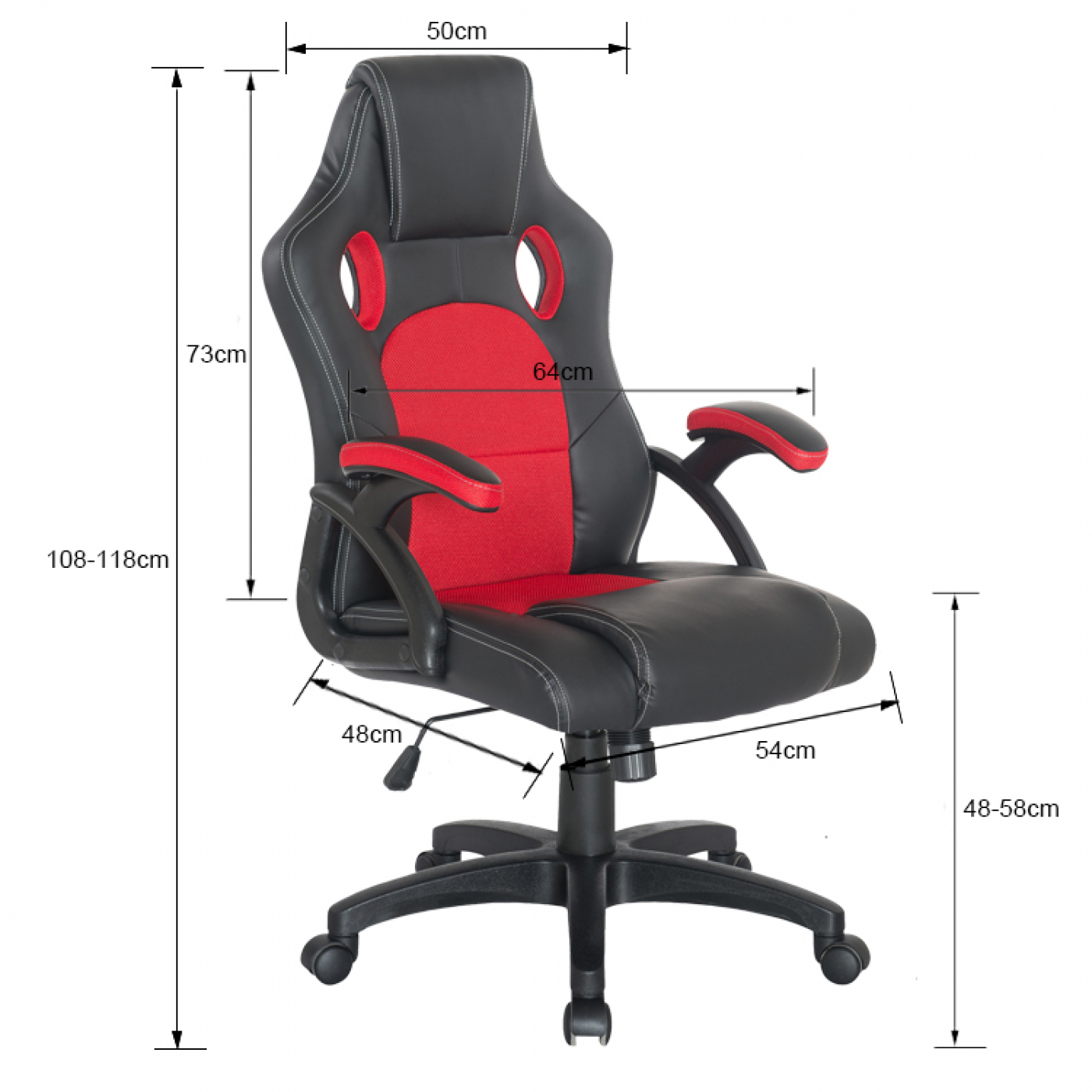 Schwarz-roter Gaming-Stuhl mit Maßen. Er hat eine Kopfstütze, Armlehnen und ein schwarzes Untergestell mit Rädern.