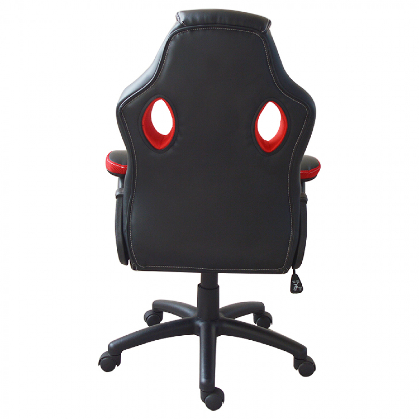 Gaming-Stuhl, schwarz mit roten Akzenten, von hinten gesehen. Er hat zwei Löcher und ein schwarzes Gestell.
