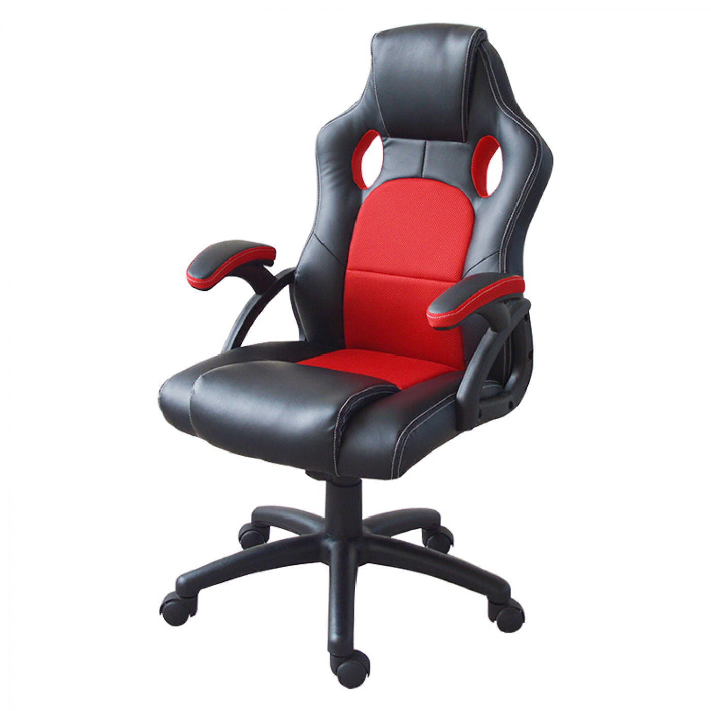 Schwarzer und roter Gaming-Stuhl mit Kopfstütze und Armlehnen auf weißem Hintergrund.